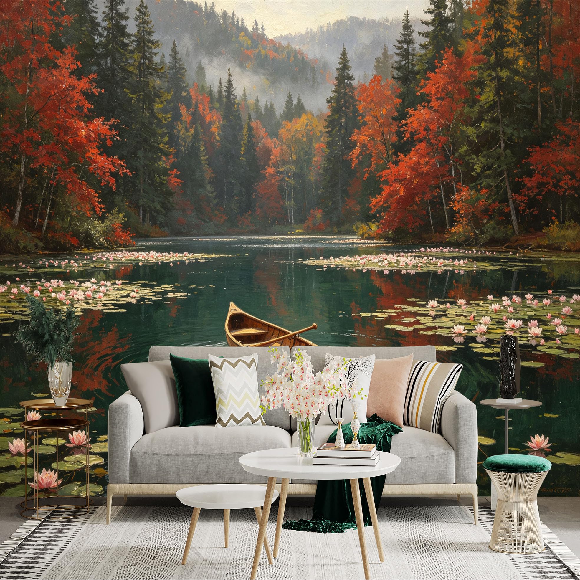 Custom Size Wall Sticker Mural， Autumn Forest Lake Landscape， Wooden Boat on Calm Water， Water Lily Flowers， Vibrant Fall Foliage， for wall Decoration， peelandstick wall Decals.