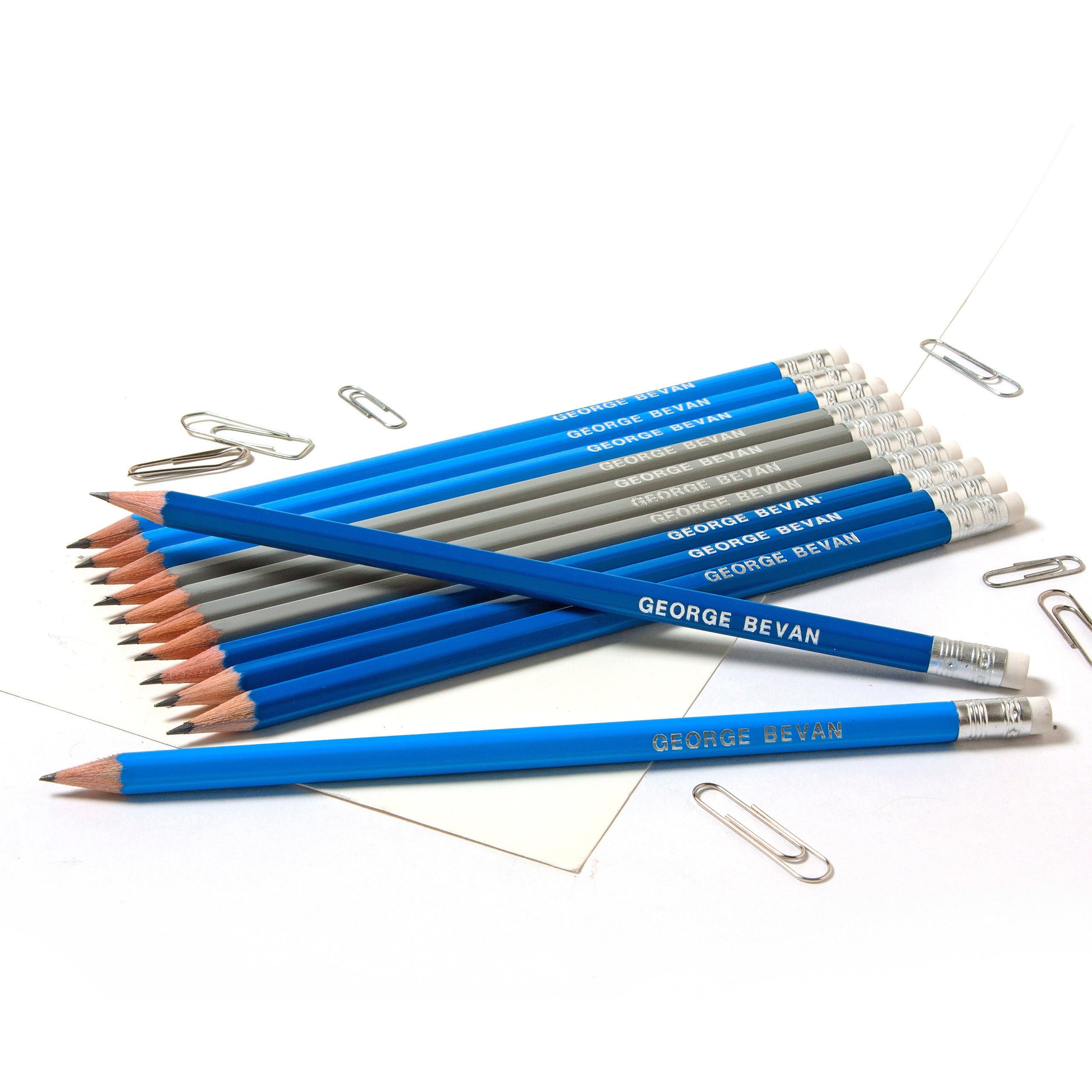 12 HB Hexagonal Graphite Pencils Personalised with Name Premium Quality German Made Pencils (Mix Navy/Grey/Ocean)