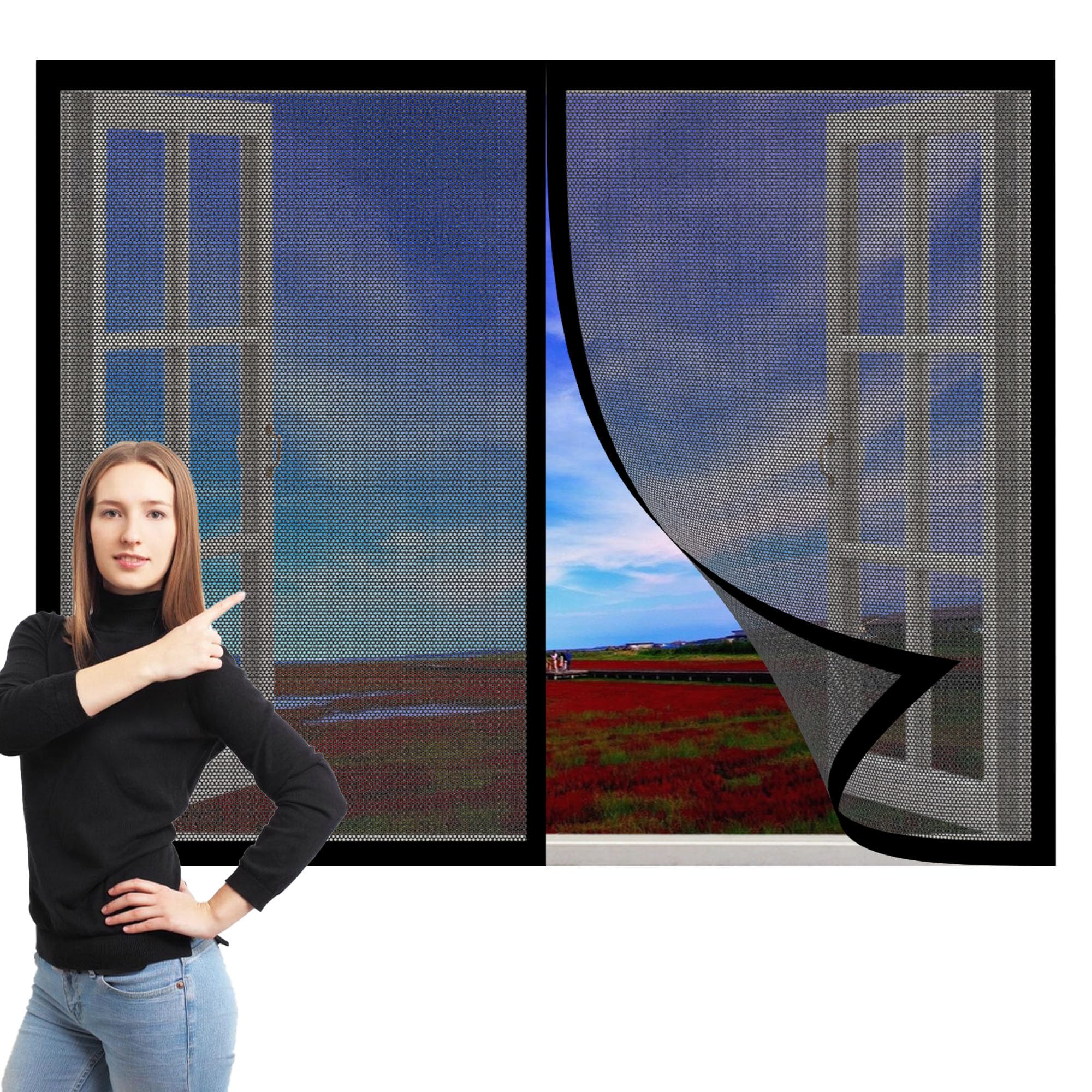 Fliegengitter Fenster Magnetisch 244 x 244 cm Insektenschutz Fensternetz Ohne Bohren mit Starkem Klettband für Terrassentür Und Fenster, Schwarz