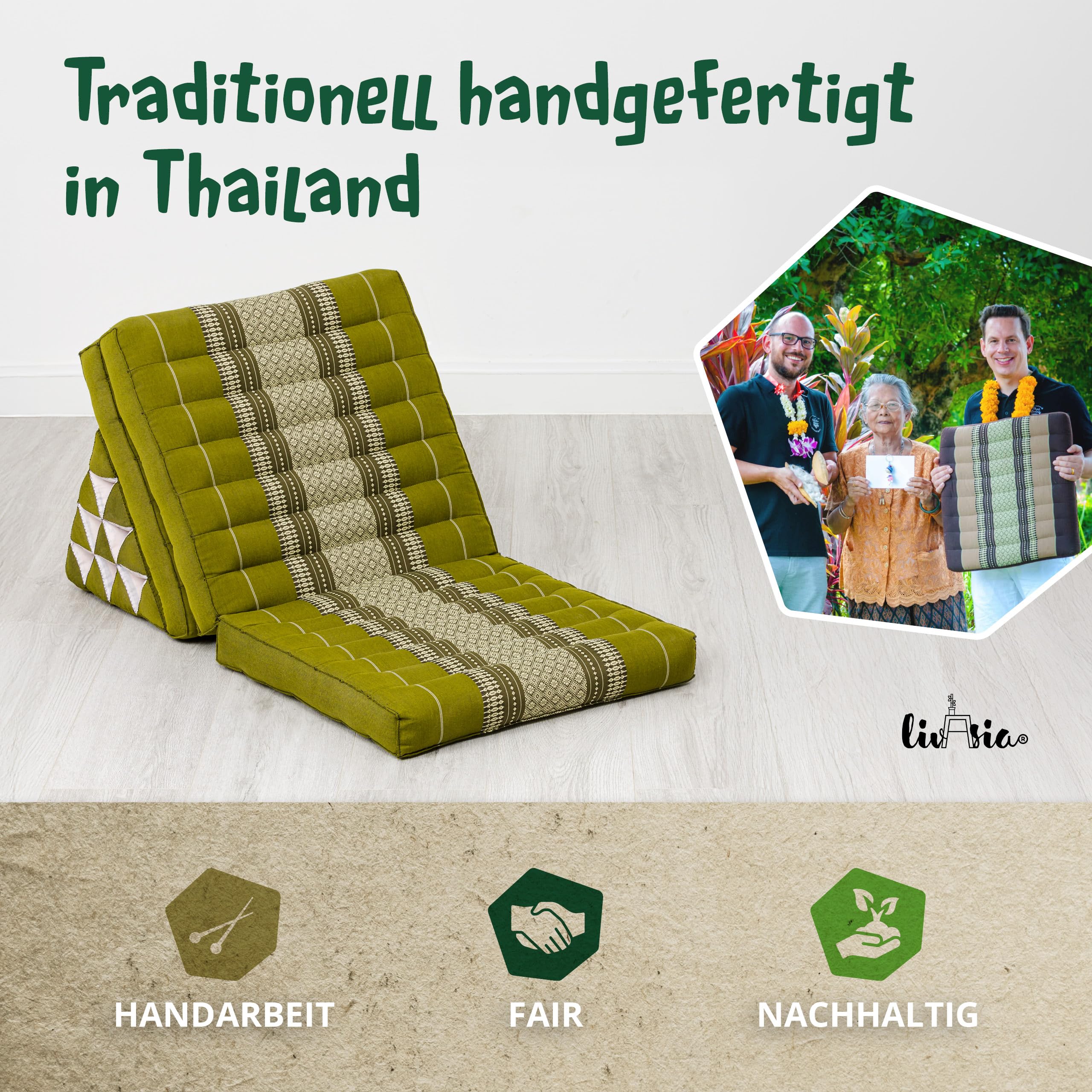 livasia Thaikissen mit 3 Auflagen - 175x50x8cm - Dreieckskissen mit Klappmatratze, Keilkissen Kapok, Rückenkissen faltbar, Thaimatte zum Klappen, handgefertigt, Meditationskissen (Grün)