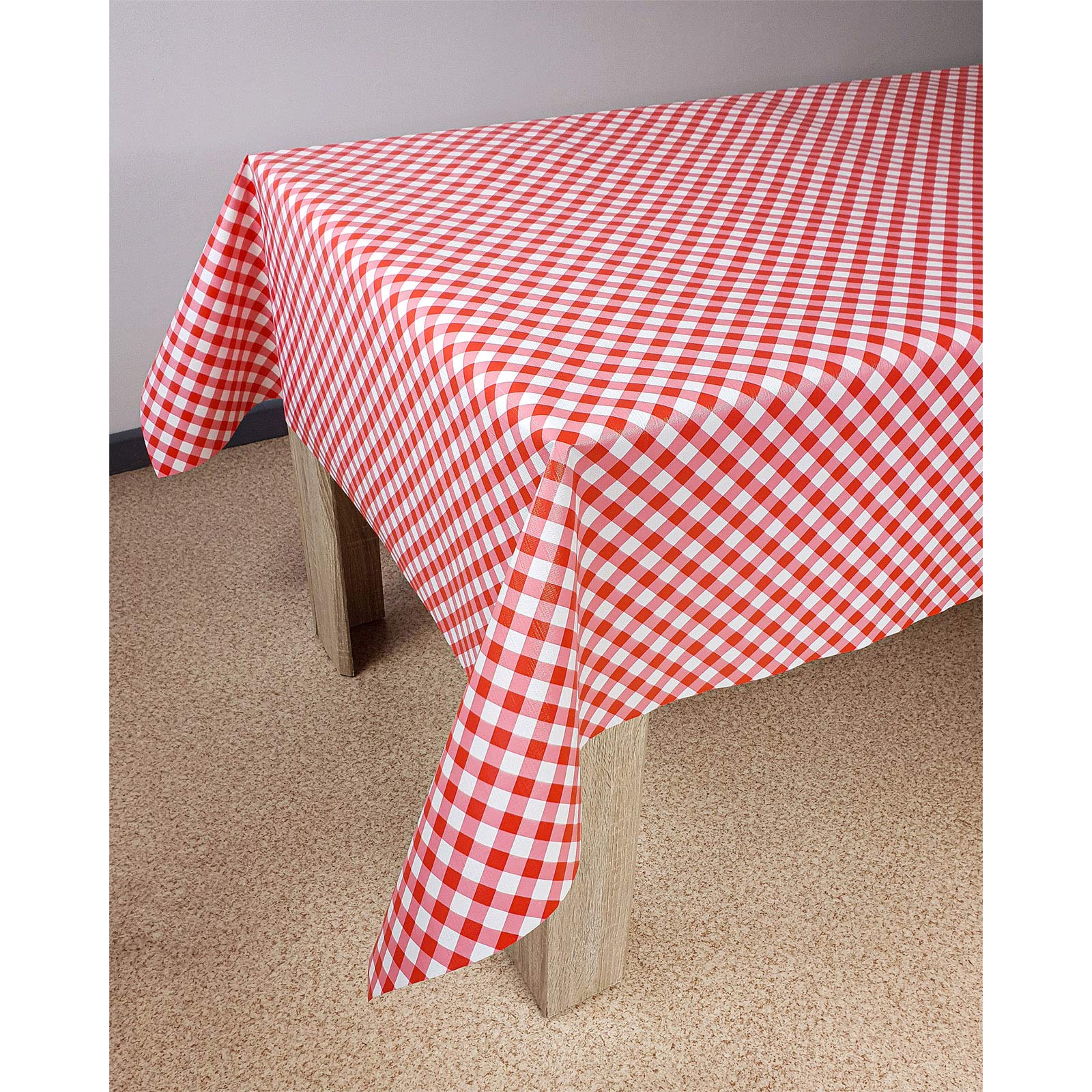 DecoMeister Tovaglia plastificata 140x1500 cm | Tovaglia antimacchia in PVC idrorepellente | Copritavolo impermeabile per esterno, giardino e cucina resistente alle intemperie | Quadretti Rossi