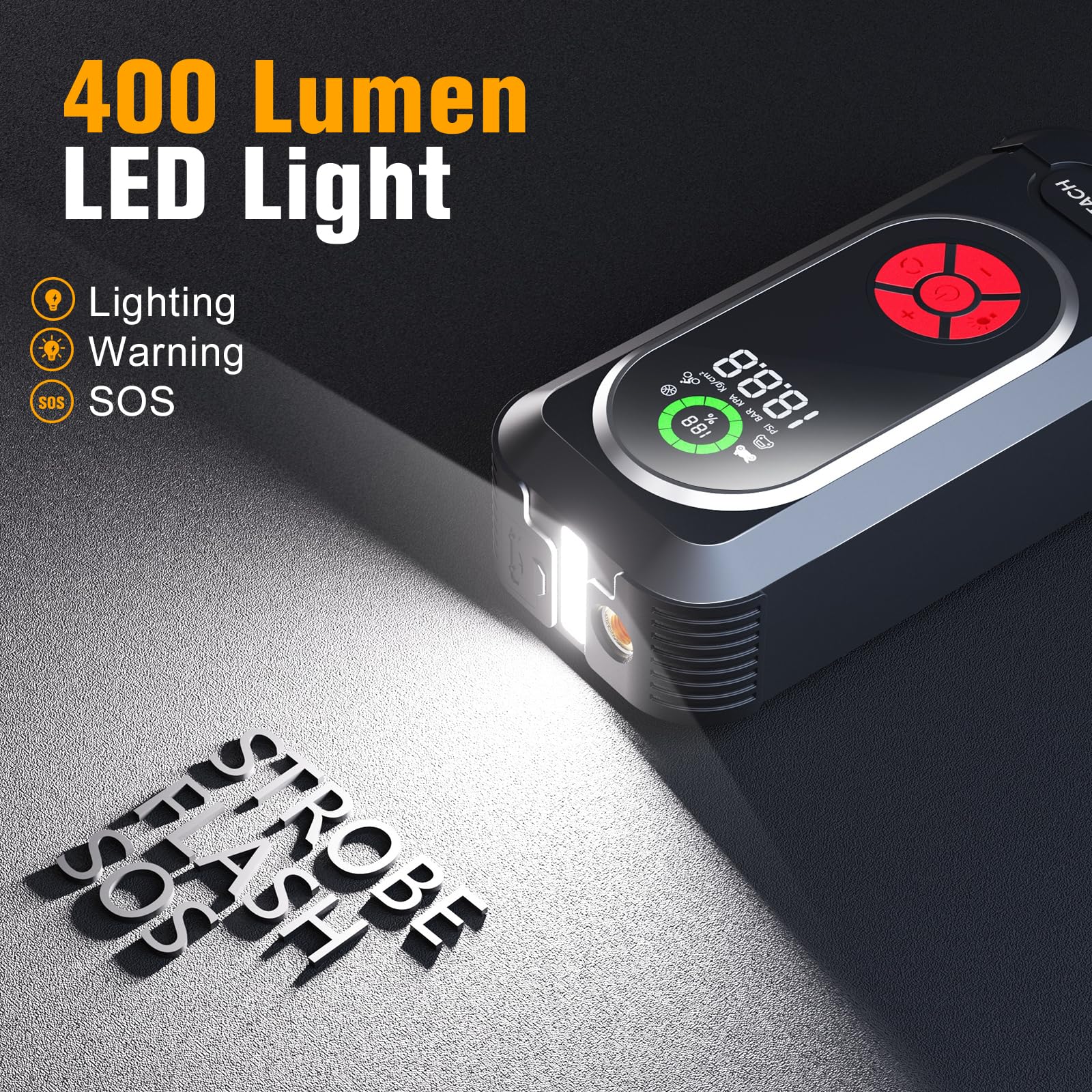Démarreur de batterie portable 6000 A avec compresseur d'air, batterie de voiture portable (10,0 gaz/10,0 l diesel), 150 PSI 12 V pour batterie de voiture avec gonfleur de pneu, câbles de démarrage