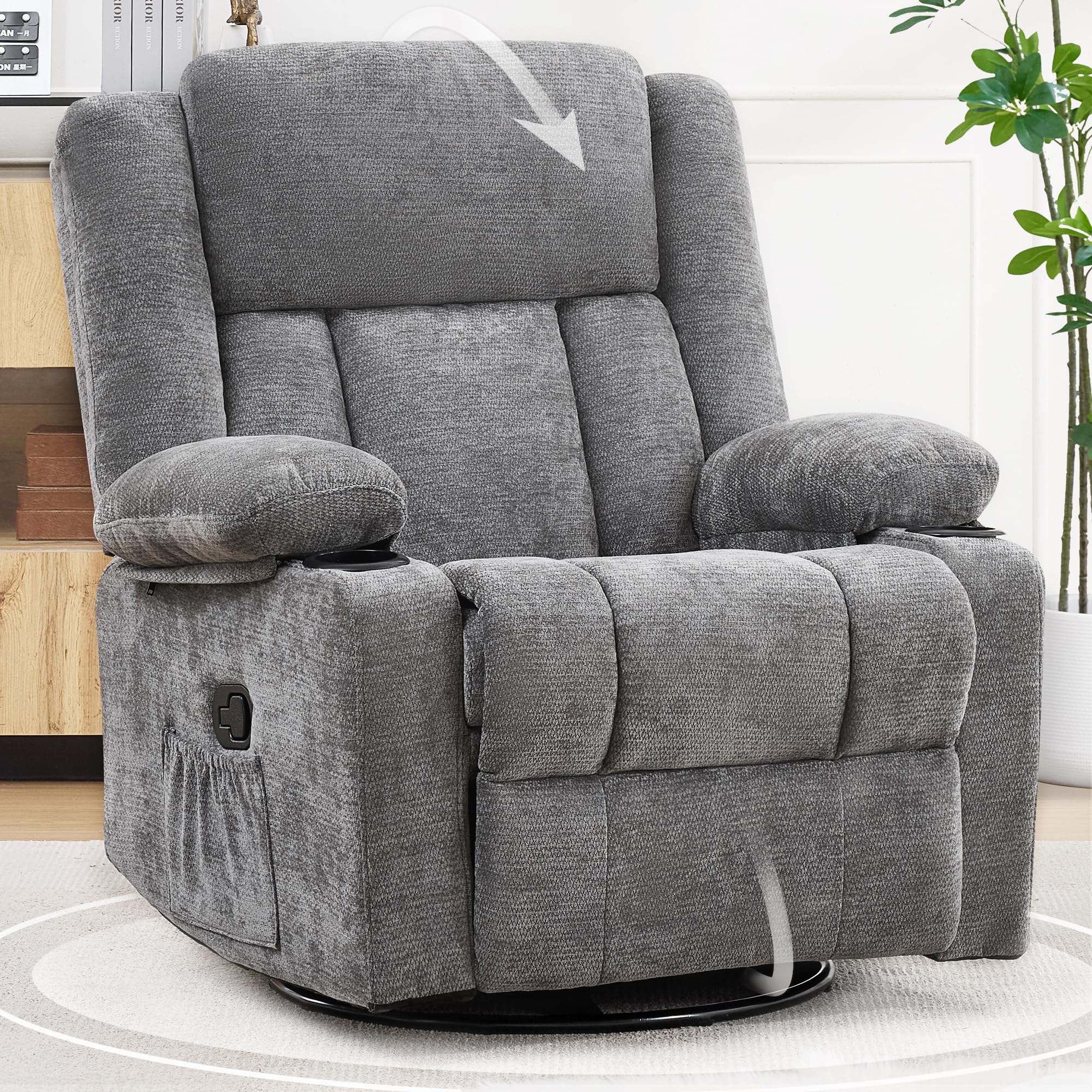 Swivel Rocker Recliner for Adults, Manual Lazy Boy Recliner Chair with Cup Holders, 360 Degree Rotating Nursery Rocking Chair, Glider Recliner for Living Room (Grey)