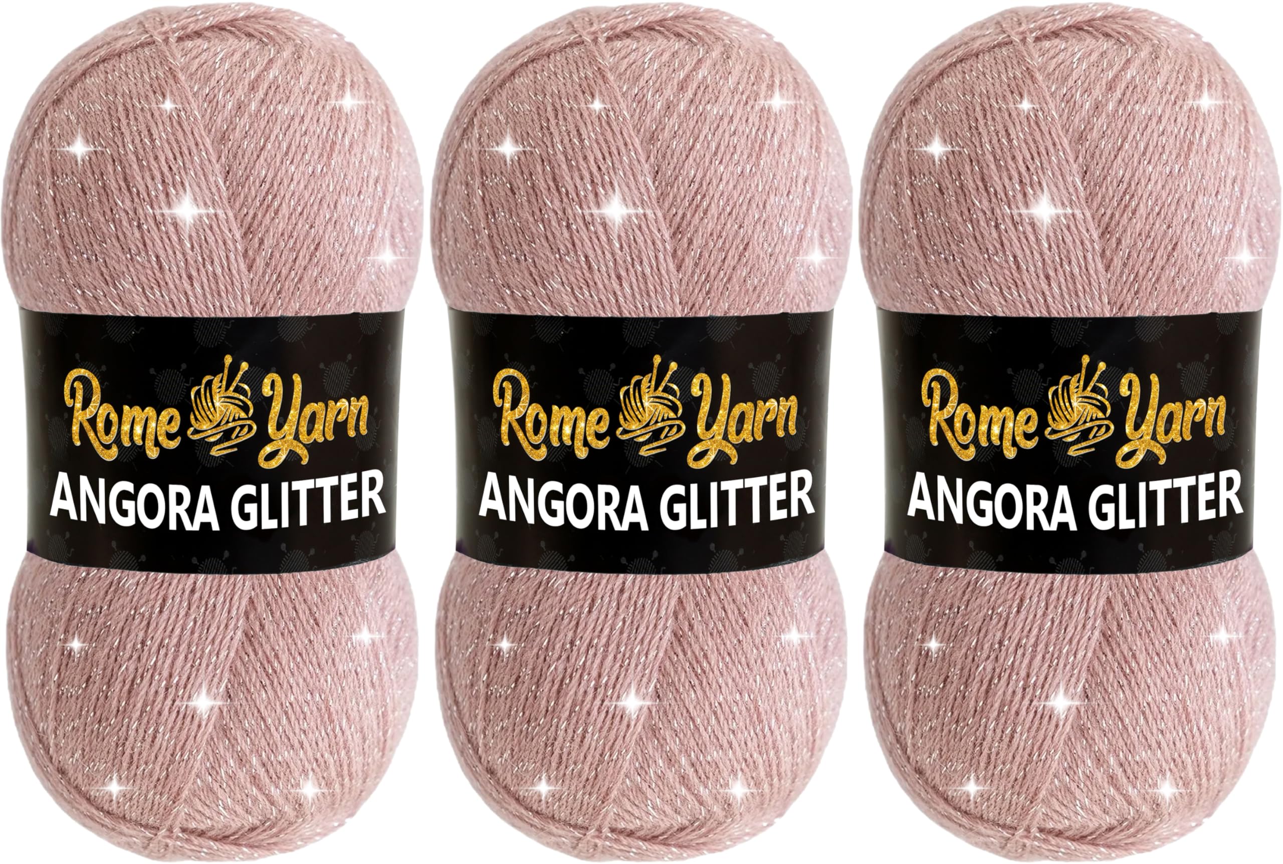 Rome Yarn Angora Glitter Yarn 3 Pack (3 x 100g) | Soft Metallic Sparkle Yarn | Acrylic Wool Blend | Knitting & Crochet | 500m Each (758 Powder)