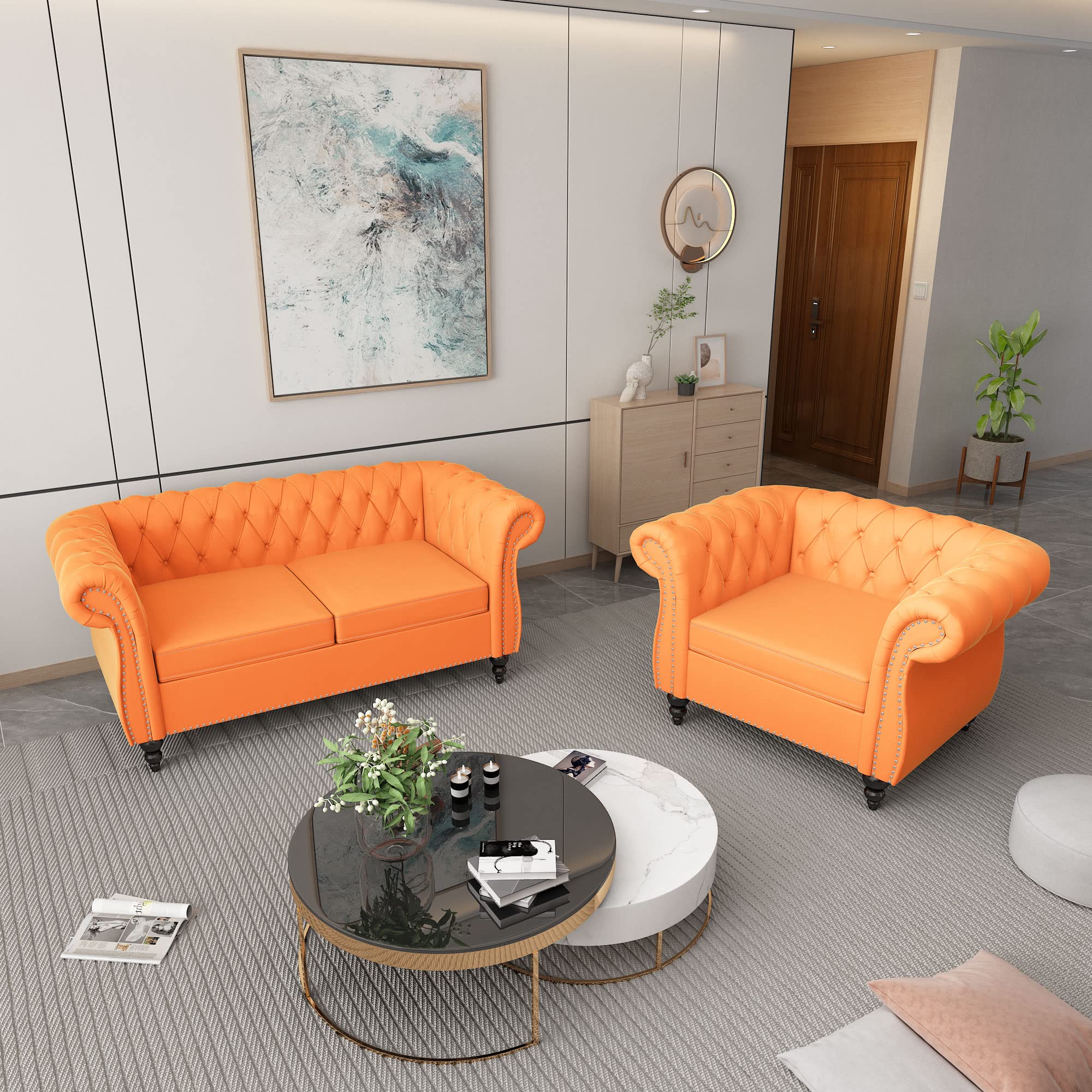 ORRD 2 Piece Living Room Set, Velvet Chesterfield Sofa Loveseat Couch Chair with Scroll Arms and Nailhead for Living Room, Office (Orange)