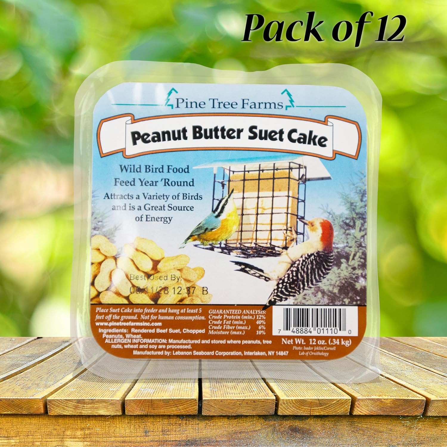 BestNest 12 Pack Pine Tree Farms Peanut Butter Suet Cakes, 12 oz Each – High Energy Bird Food with Suet & Peanuts – Attracts Woodpeckers, Chickadees, Nuthatches & More – Standard Feeder Size