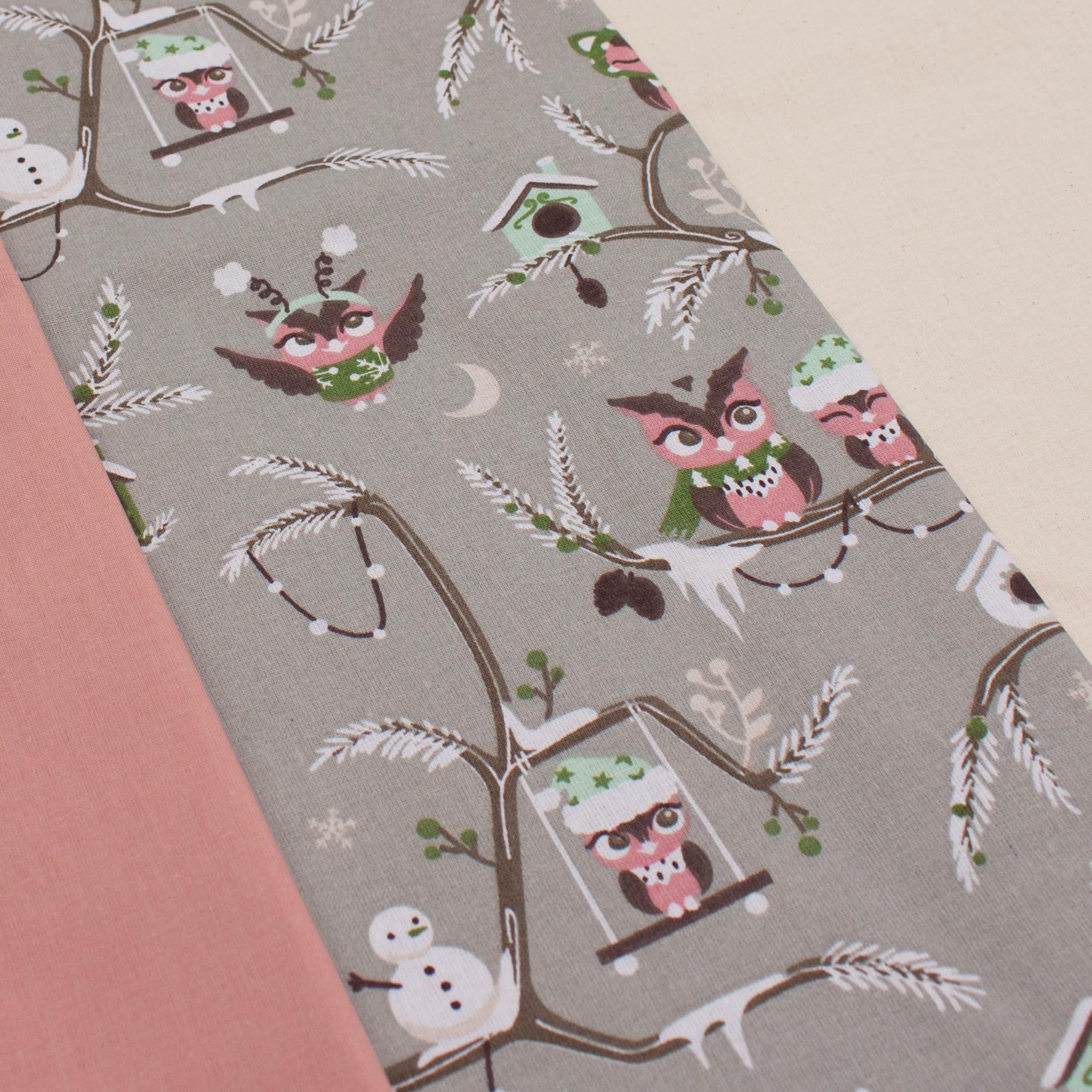 VmG-Store 1.5 m Cotton Fabric Set Design Fabric + 2 x Plain Colour Coordinated 100% Cotton Material Selection (Winter Owl Set61) - Image 2