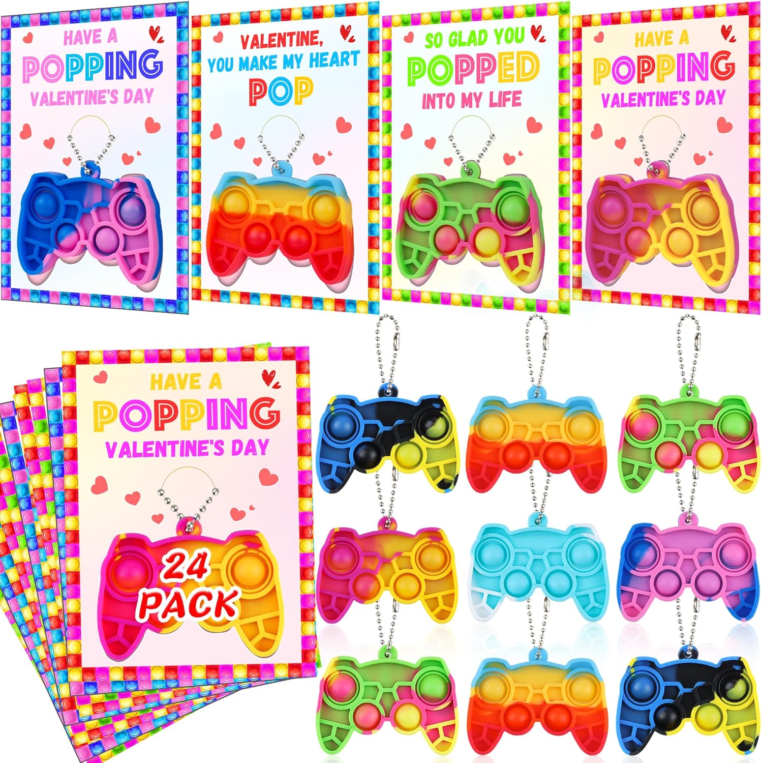 24 Pack Valentines Day Gifts for Kids Classroom Mini Pop Fidget Toys Keychain with Valentines Cards for Kids School, Valentines for Class Valentines Exchange Cards Party Favor Toddlers Girls Boys