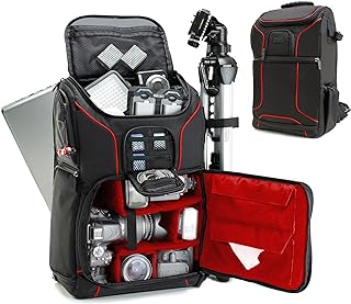 USA Gear Zaino Fotografico Professionale, Borsa per Fotocamera, Custodia per SLR con Scomparto per Laptop, Divisori Imbottiti Personalizzati, Supporto per Treppiedi, Copertura Antipioggia - Rosso