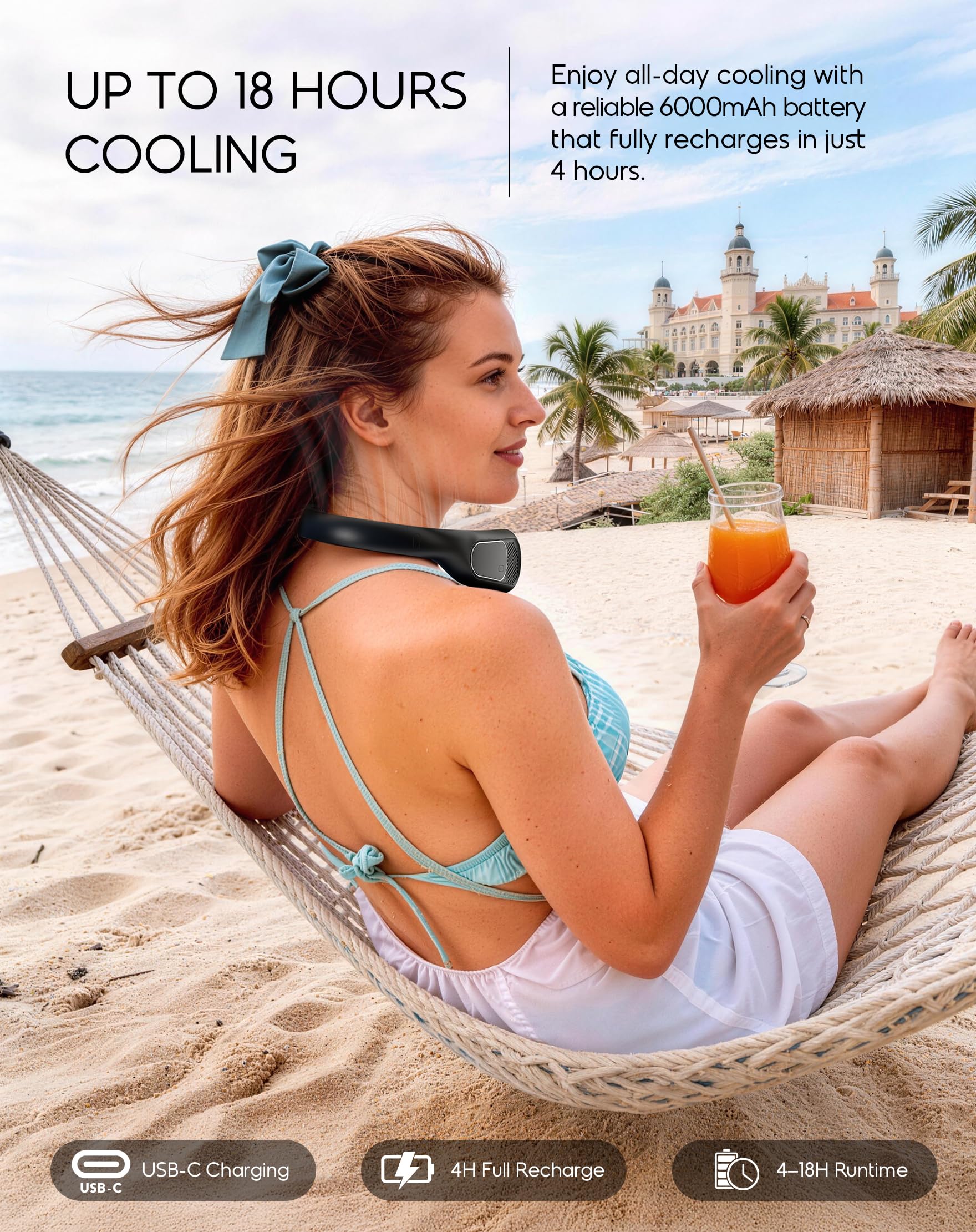 anysun Nackenventilator, USB Ventilator 66 Luftauslässe, 360° Luftstrom, 4 Stufen, 6000mAh, Wiederaufladbar, Leichter Halsventilator