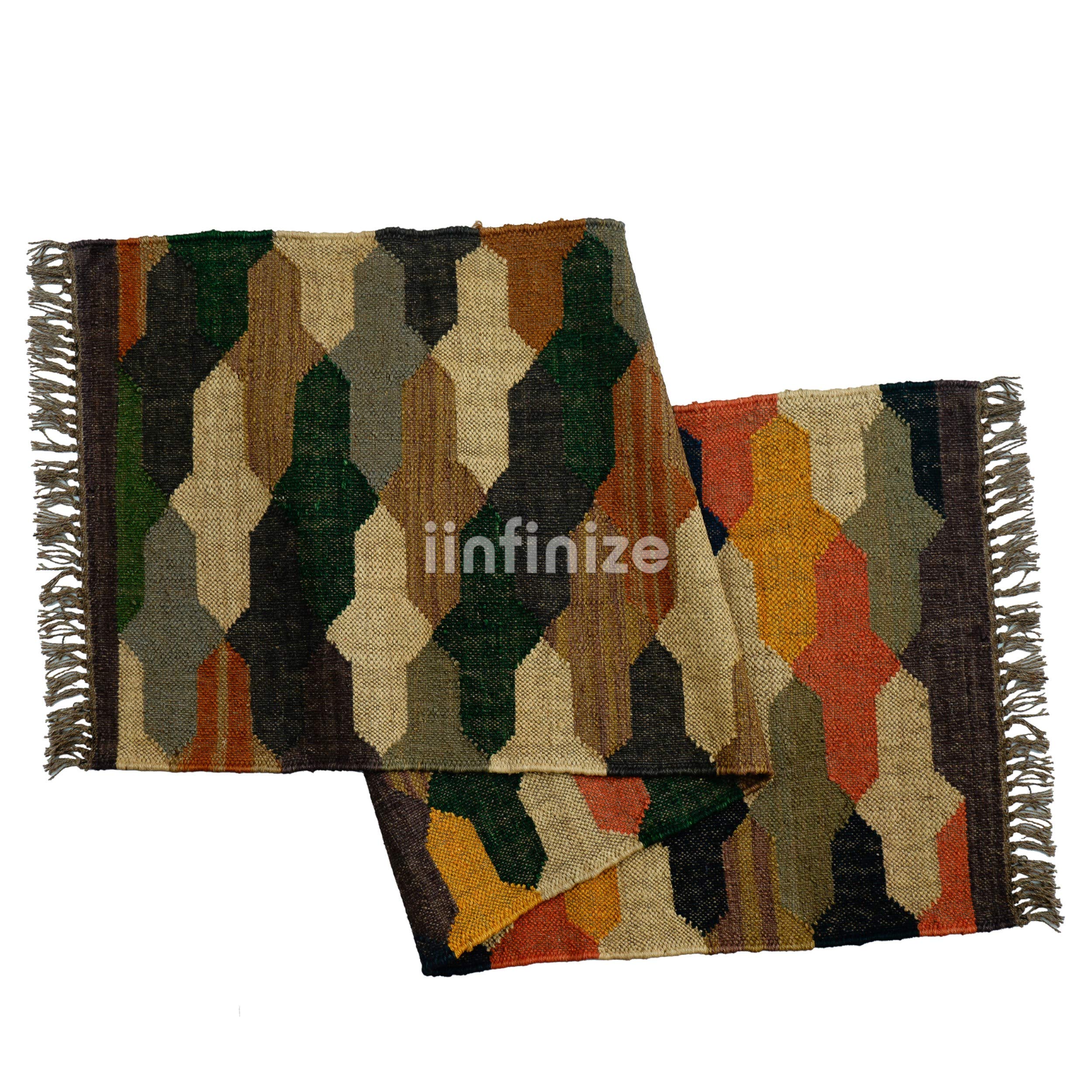 Tappeto rustico intrecciato a mano, grande, stile vintage, motivo kilim, 0,6 x 1,2 m, annodato piatto, tappeto bohémien, reversibile, tappeto per sedersi, tappeto in vera lana di iuta per