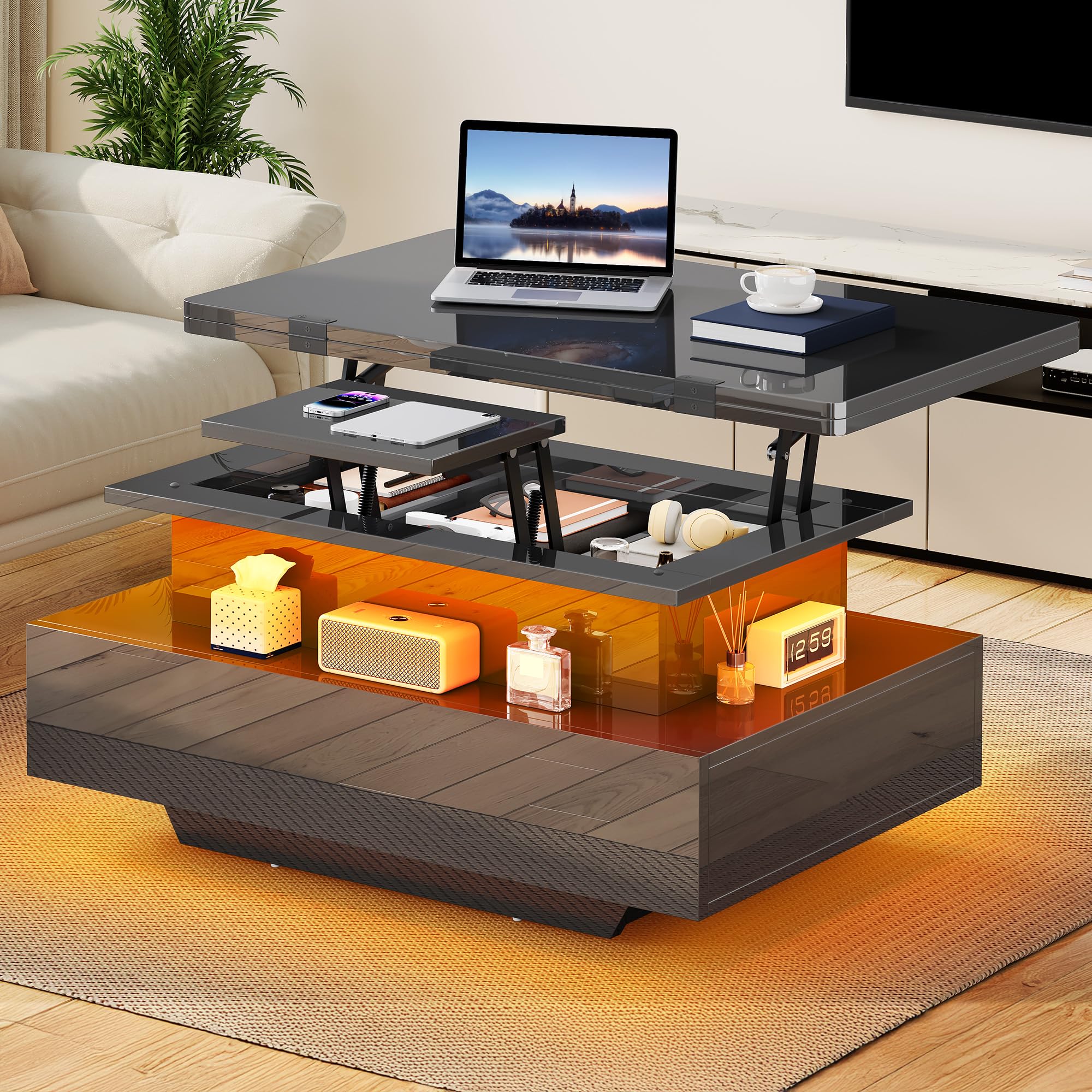 YITAHOME Table Basse Relevable Extensible, Haut Brillant Table de Salon avec LED Moderne et 2 Tiroirs, 4 en 1 Table Basse Transformable pour Le Salon