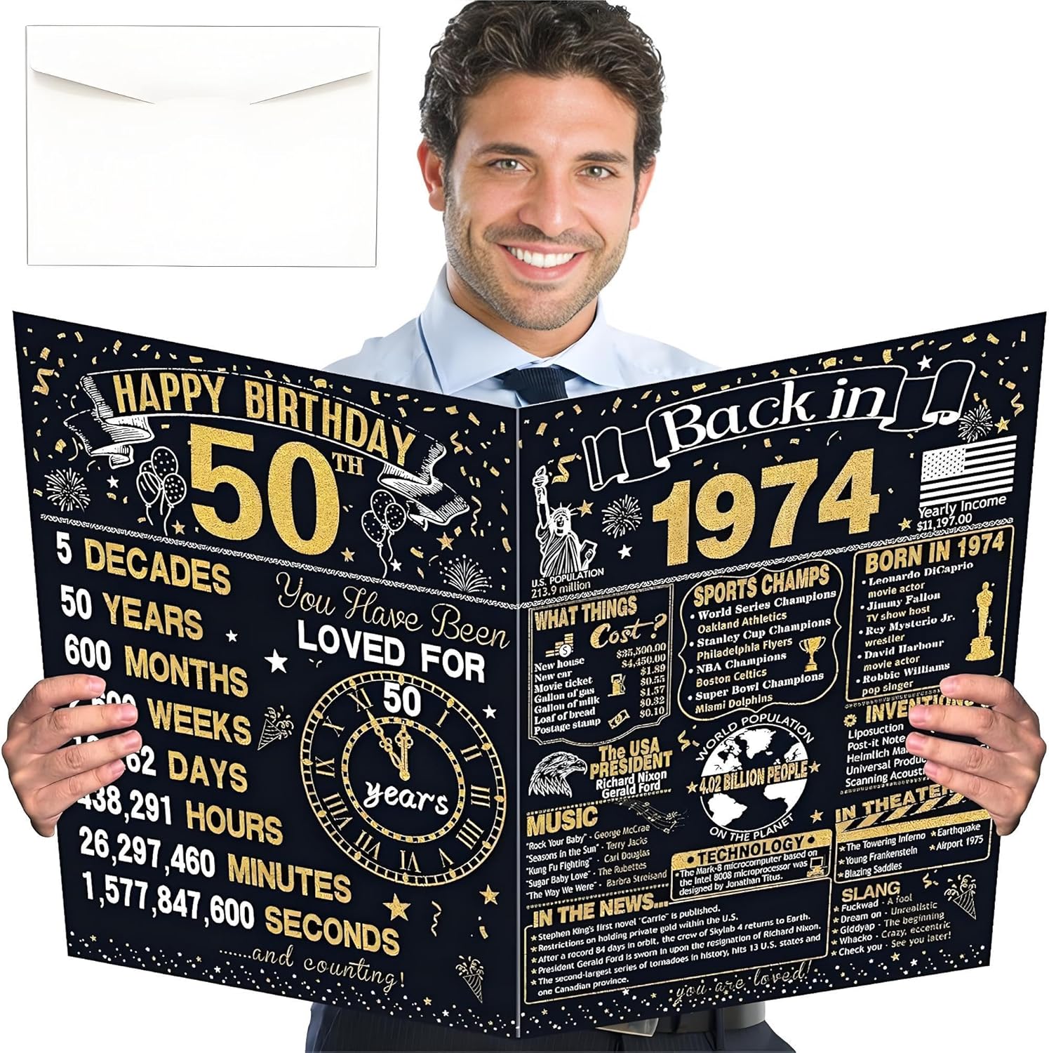Large 50th Birthday Gift Card With Envelope for Men Women - 1974 Black Gold Happy 50 Birthday Giant Guest Signature Book Gift,Big Vintage Sweet 1984 50th Greeting Card for Party Decoration Celebration