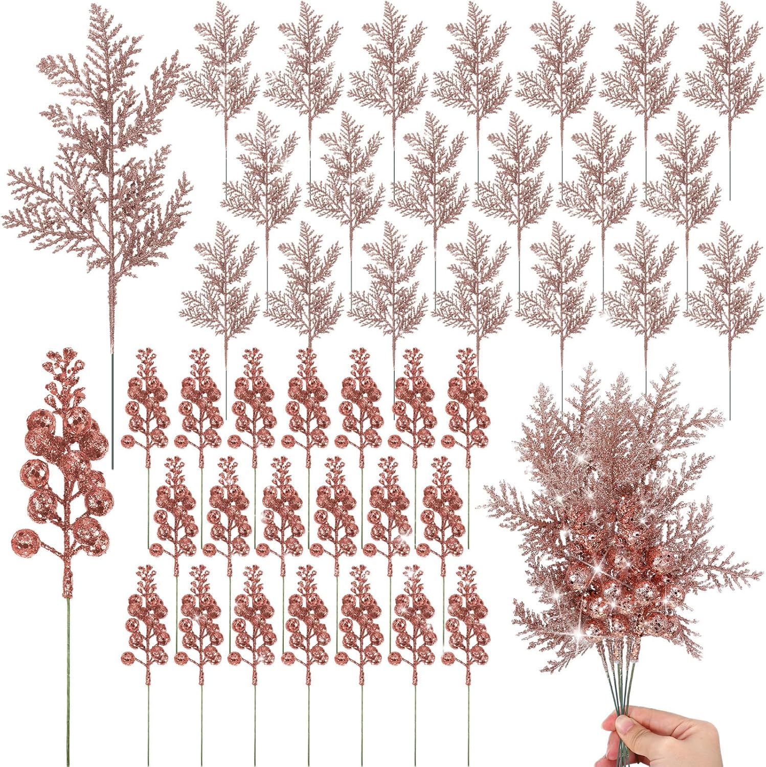 Cindeer 80 Pcs Rose Gold Christmas Glitter Berries Stems Pine Needles Christmas Artificial Picks Fake Floral Twig Spray for Xmas Tree Ornaments DIY Wreath Garland Decorations