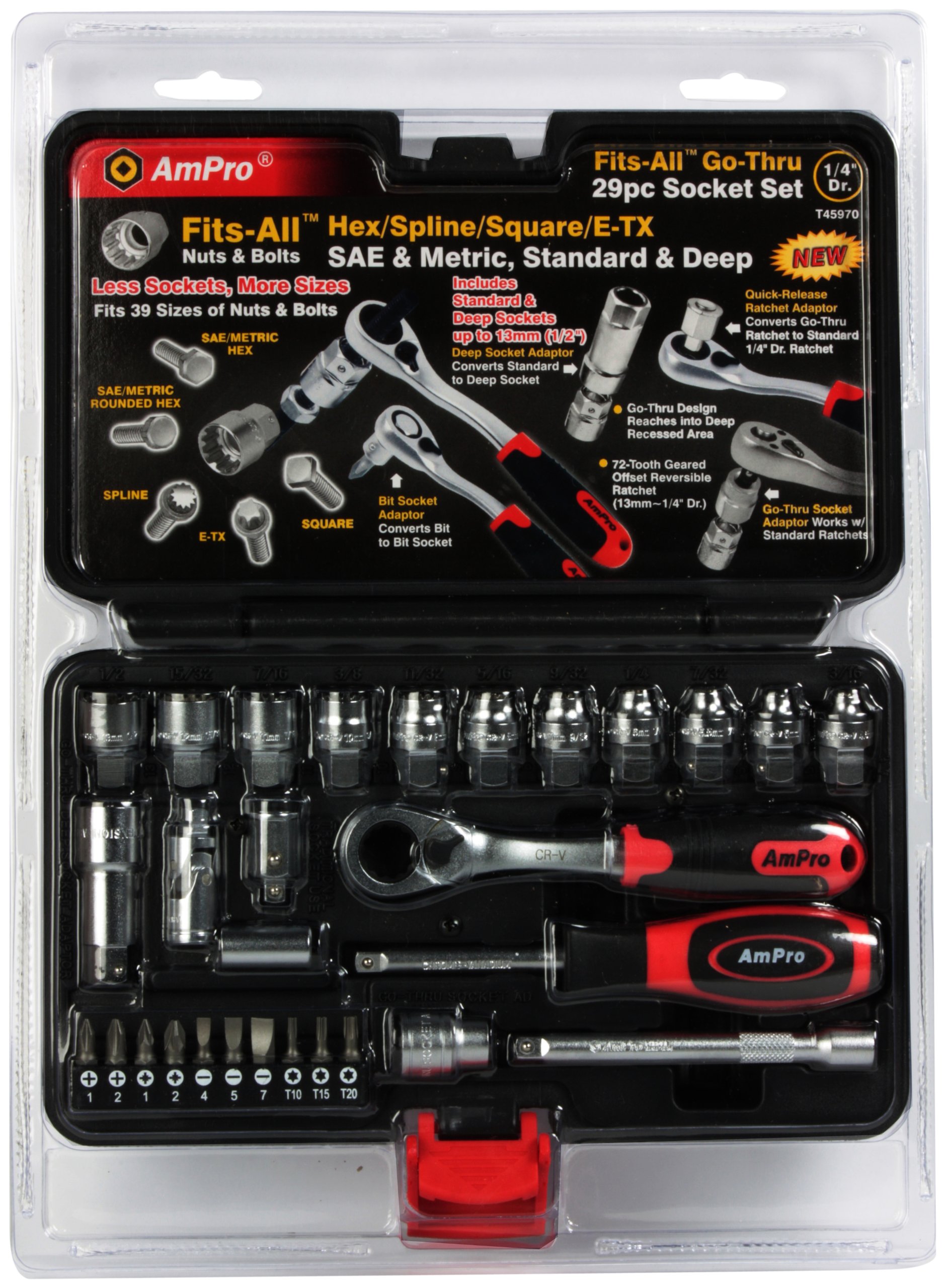 Buy Ampro T45970 1/4Inch Drive FitsAll GoThru Socket Set, SAE and