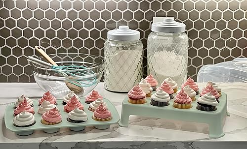 Miniatura 2 de Transportador de Cupcakes, TAPA EXTRA ALTA, Soporte Verde para Cupcakes que Transporta 24 Cupcakes de Tamaño Estándar, Transportador de Magdalenas