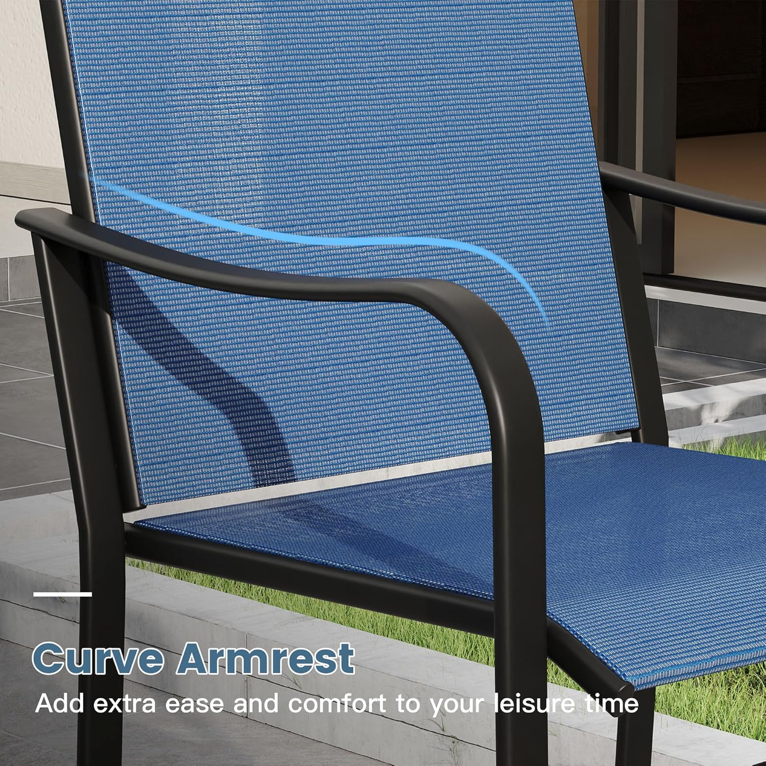 DIFY 5 Pieces Patio Bar Set for 4, 35.4" Black Round Metal High Top Table and 4 Blue Textilene Bar Stools with Curved Armrests for Garden Balcony, Black Tabletop and Blue Fabric
