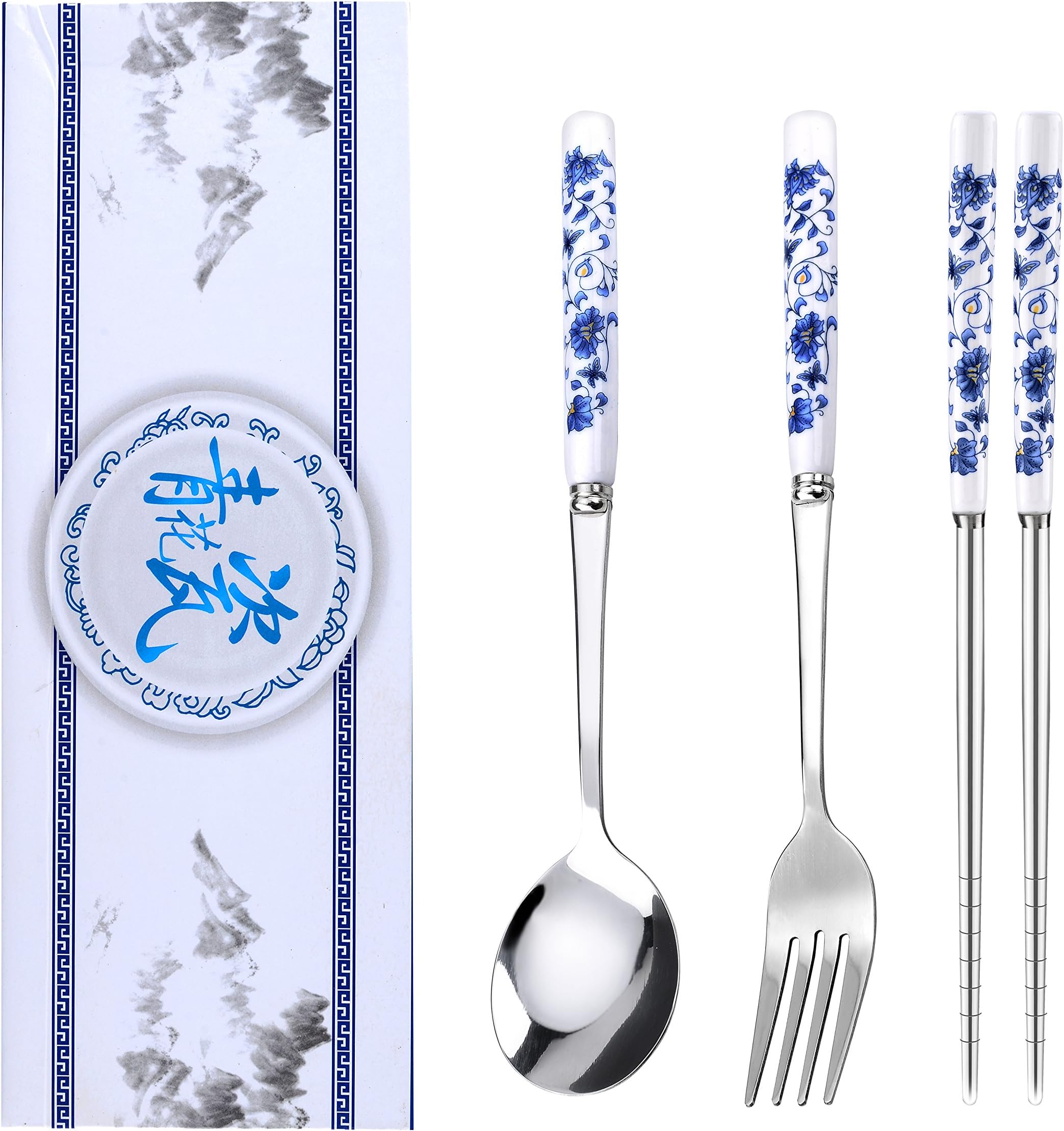 Elegant Stainless Steel Spoon, Fork and Chopsticks Set with Blue-and-white Porcelain Handle, Classic Chinese Style, Gift-packaged as Perfect Gift for Share