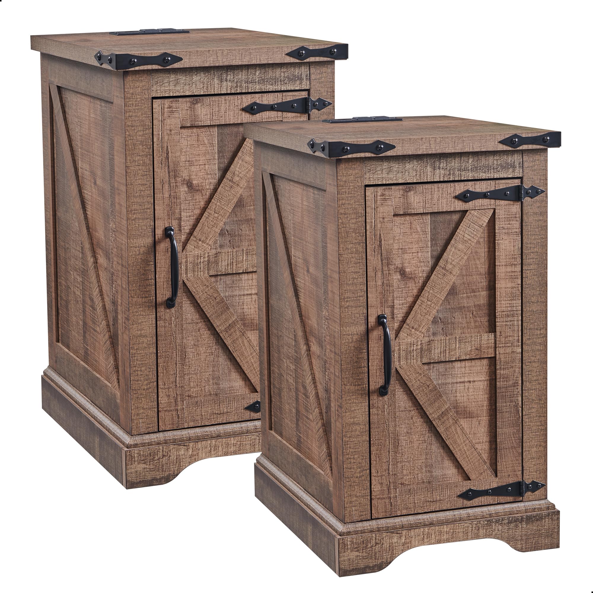 JXQTLINGMU Farmhouse Nightstand Set of 2 with Charging Station, 17"D Rectangular End Table with Barn Door & Adjustable Storage Shelf, Wood Rustic Sofa