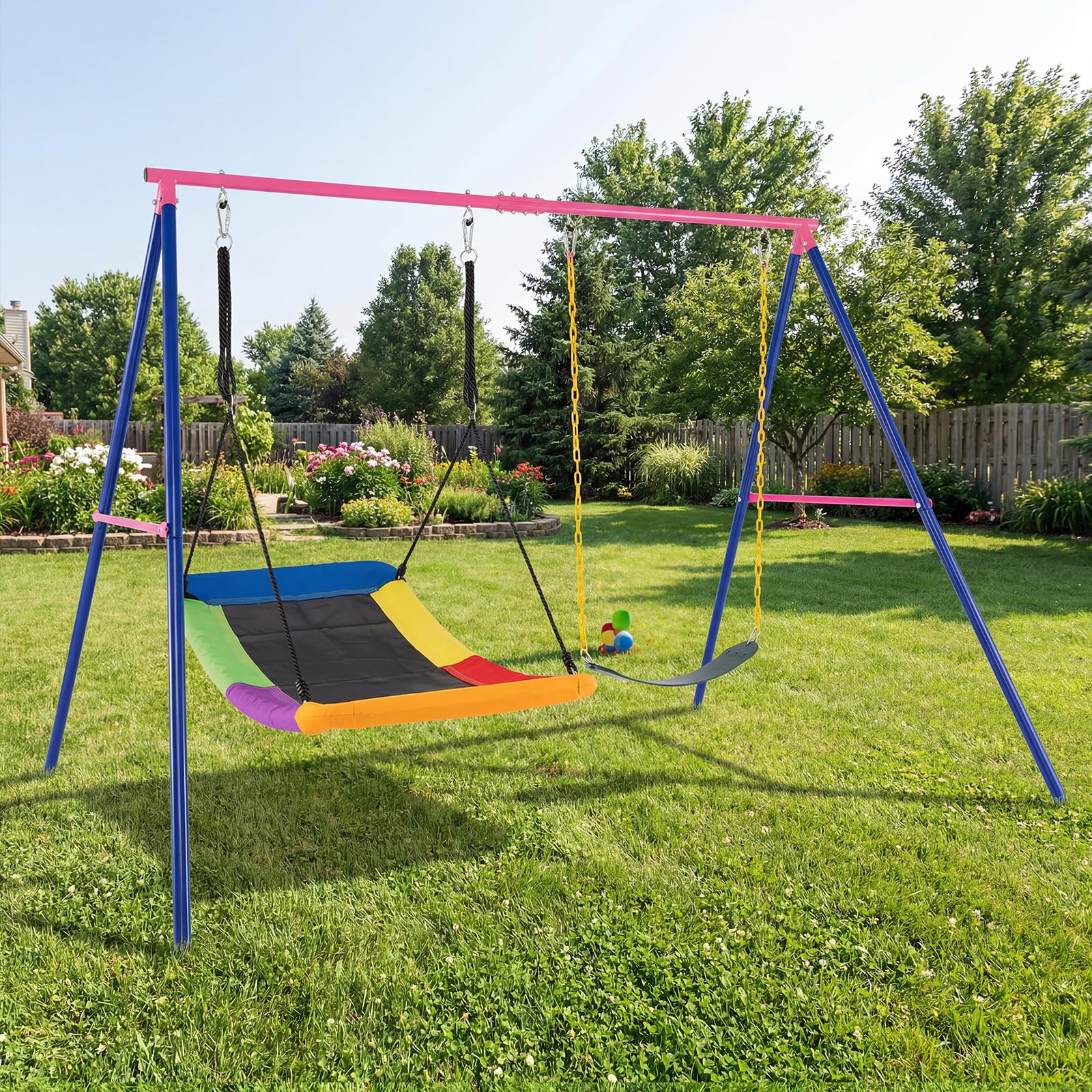 DREAMADE Schaukelgestell Outdoor, Schaukelgerüst Metall (Nur Rosa- Gestell) | Schaukel Gestell bis 300kg für Kinderschaukel, Nestschaukel, Doppelschaukel Gestell für 2 kinder, Drinnen & Draußen