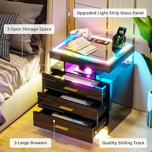 Miniatura 6 de FOMNEY Mesita de noche LED RGB con estación de carga, mesita de noche negra con pantalla táctil, mesitas de noche con luz deslumbrante por control