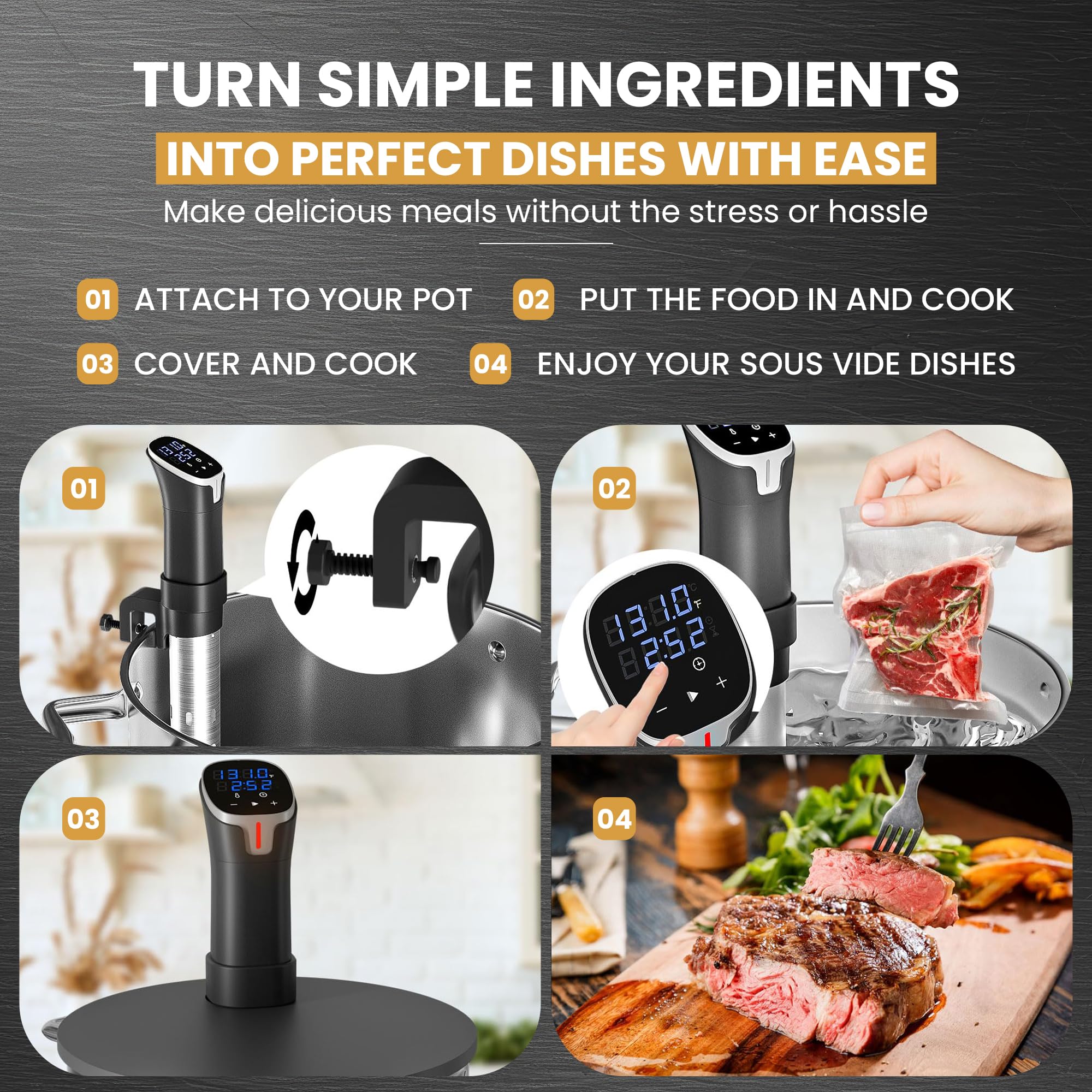 CRUXO 1100W Sous Vide Cooker Kit With App Control, Immersion Circulator, LED Display, Touch Panel, Vacuum Sealer & 10 Sealing Bags | Suvee Sous Vide Machine For Precise Cooking, Smart Thermal Cooker