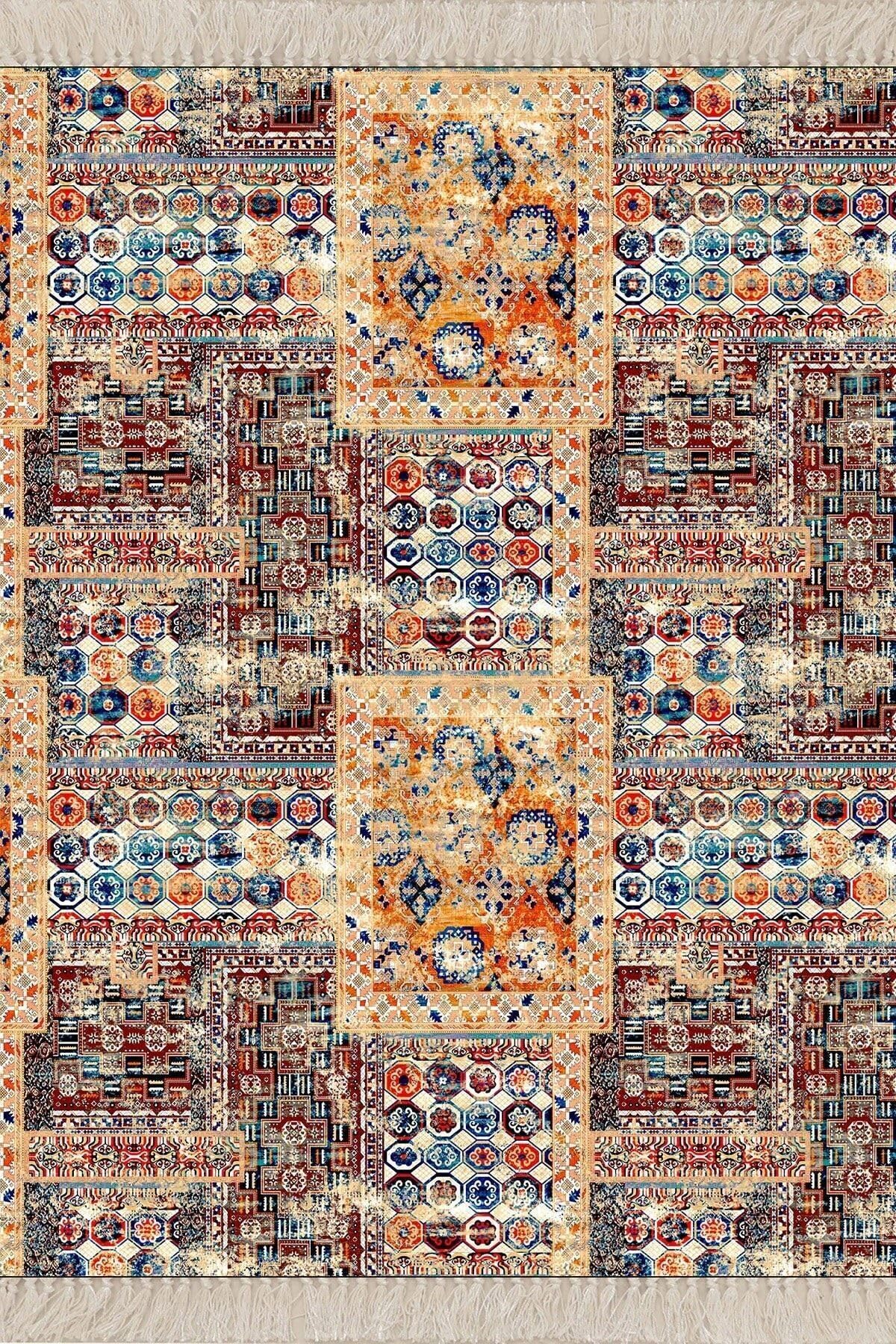 Pelangi Kırkyama Patchwork Desenli Etnik Dijital Baskı Yıkanabilir Kaymaz Taban Salon Halı Yolluk, Bej-Mavi 60 x 120