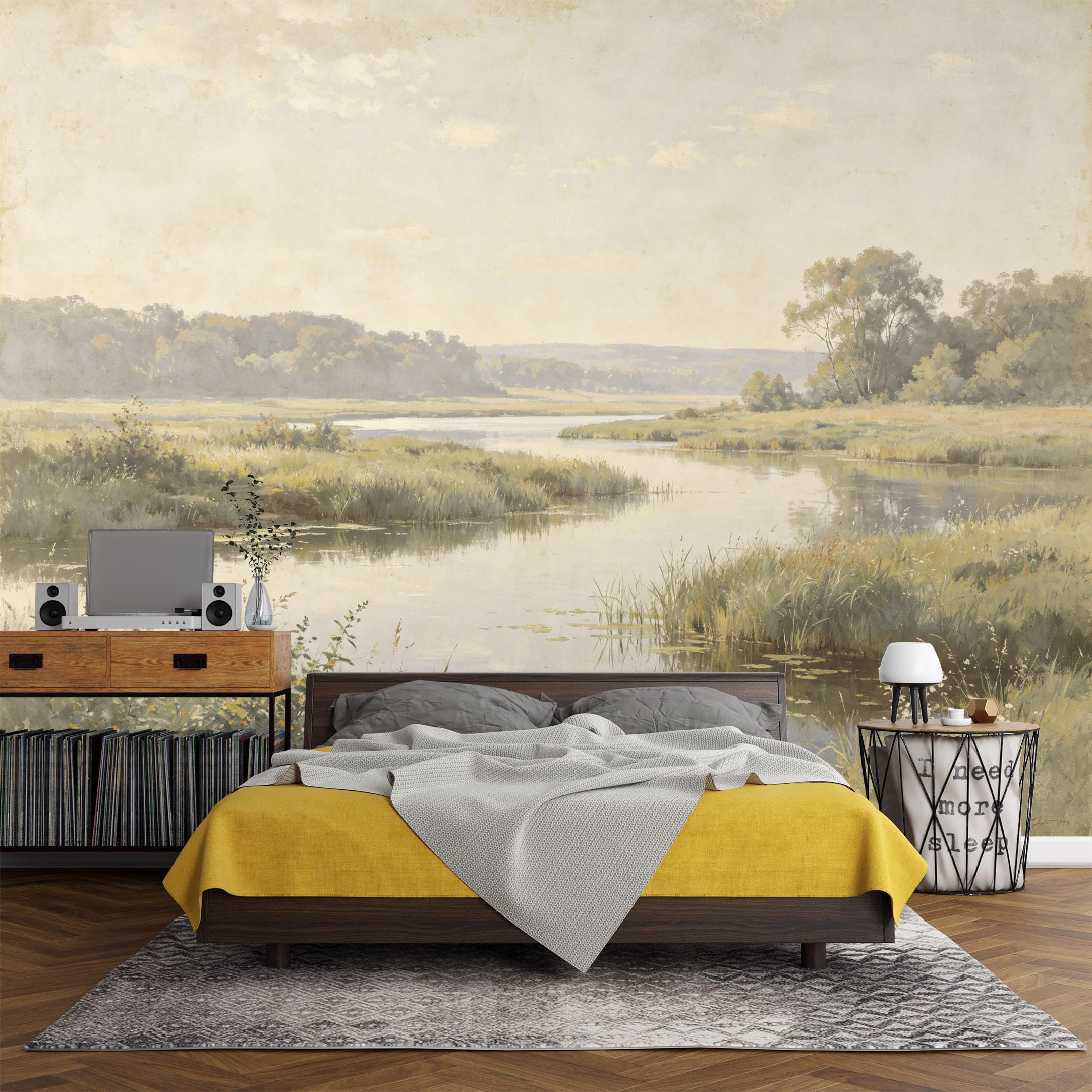 Custom Size Wall Mural， Landscape River Meadow Trees Reflection Pastoral Nature Scene，SelfAdhesive Art Prints wall Fabric (No PVC) Removable Wallpaper Living Room Decor