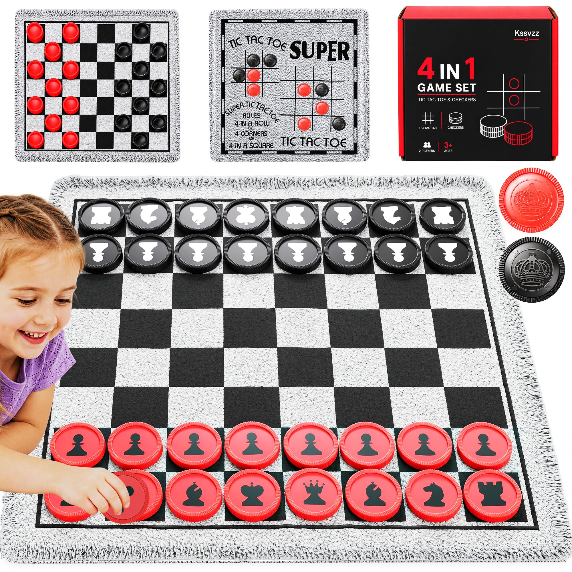 Kssvzz 4 in 1 Vintage Chess Set, Checkers and Tic Tac Toe Board Game