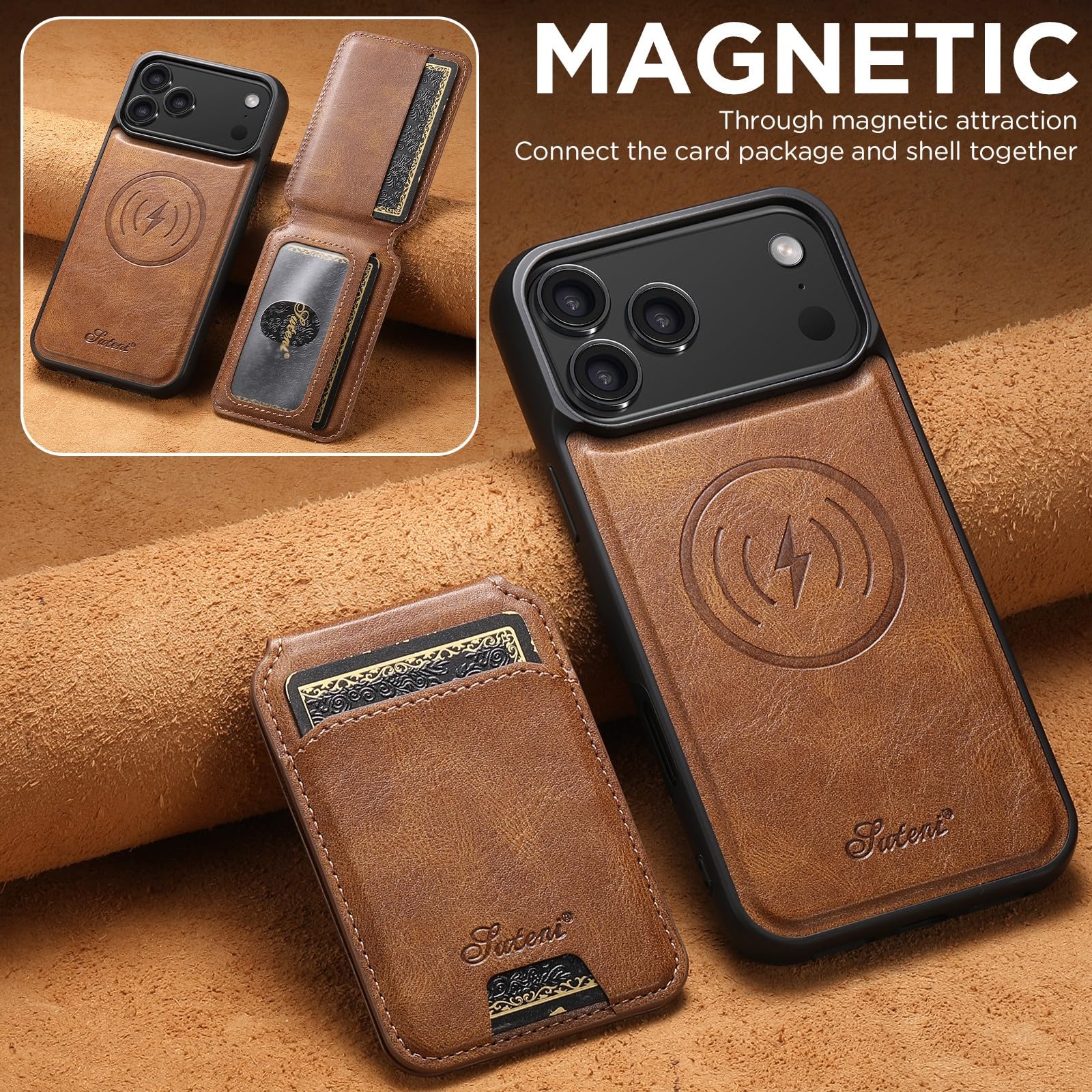 Generic Funda compatible con iPhone 15 (color: marrón) magnética de piel con función atril y tapa trasera de silicona
