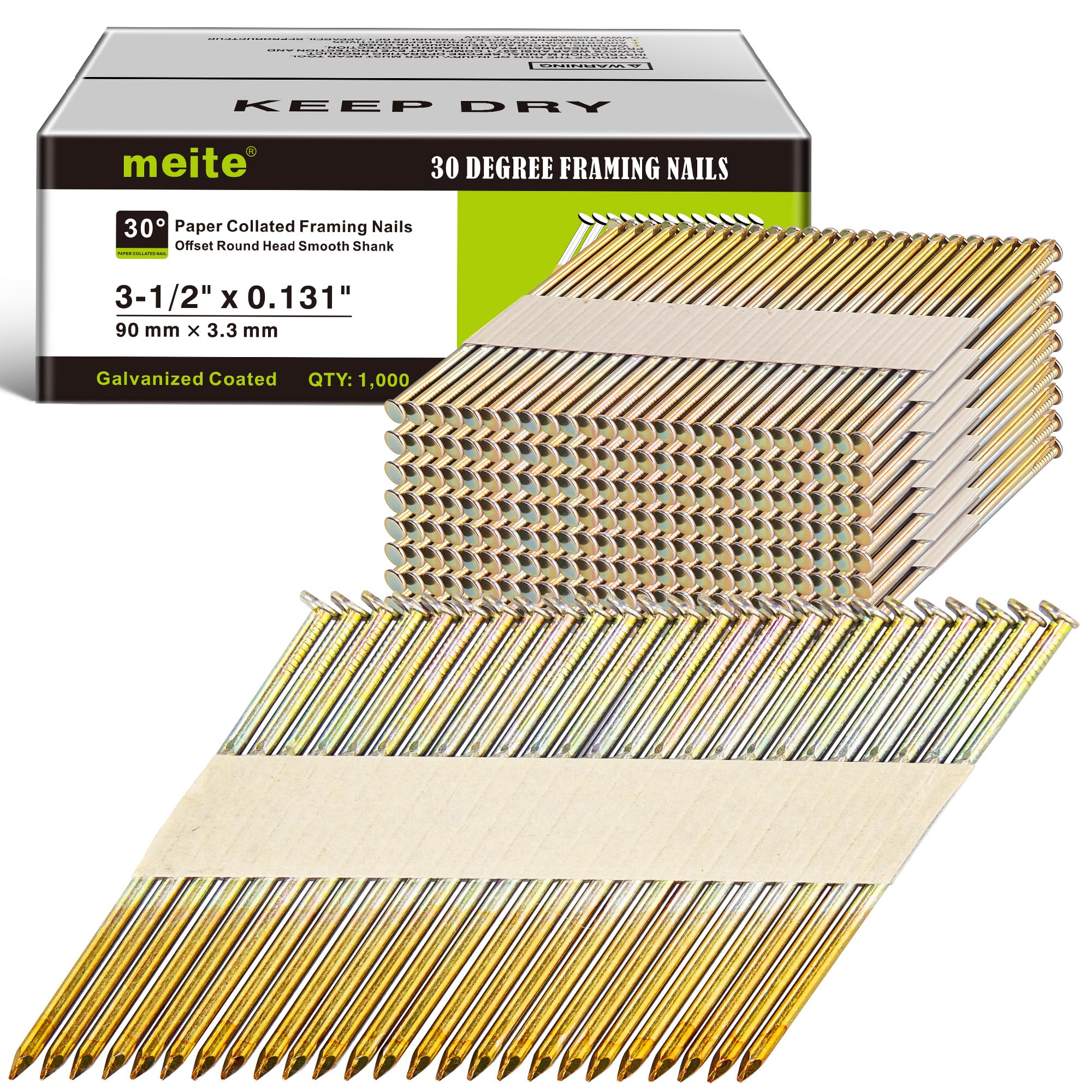 meite 30 Degree Framing Nails 3-1/2 Inch Galvanized Paper-collated 1000PCS