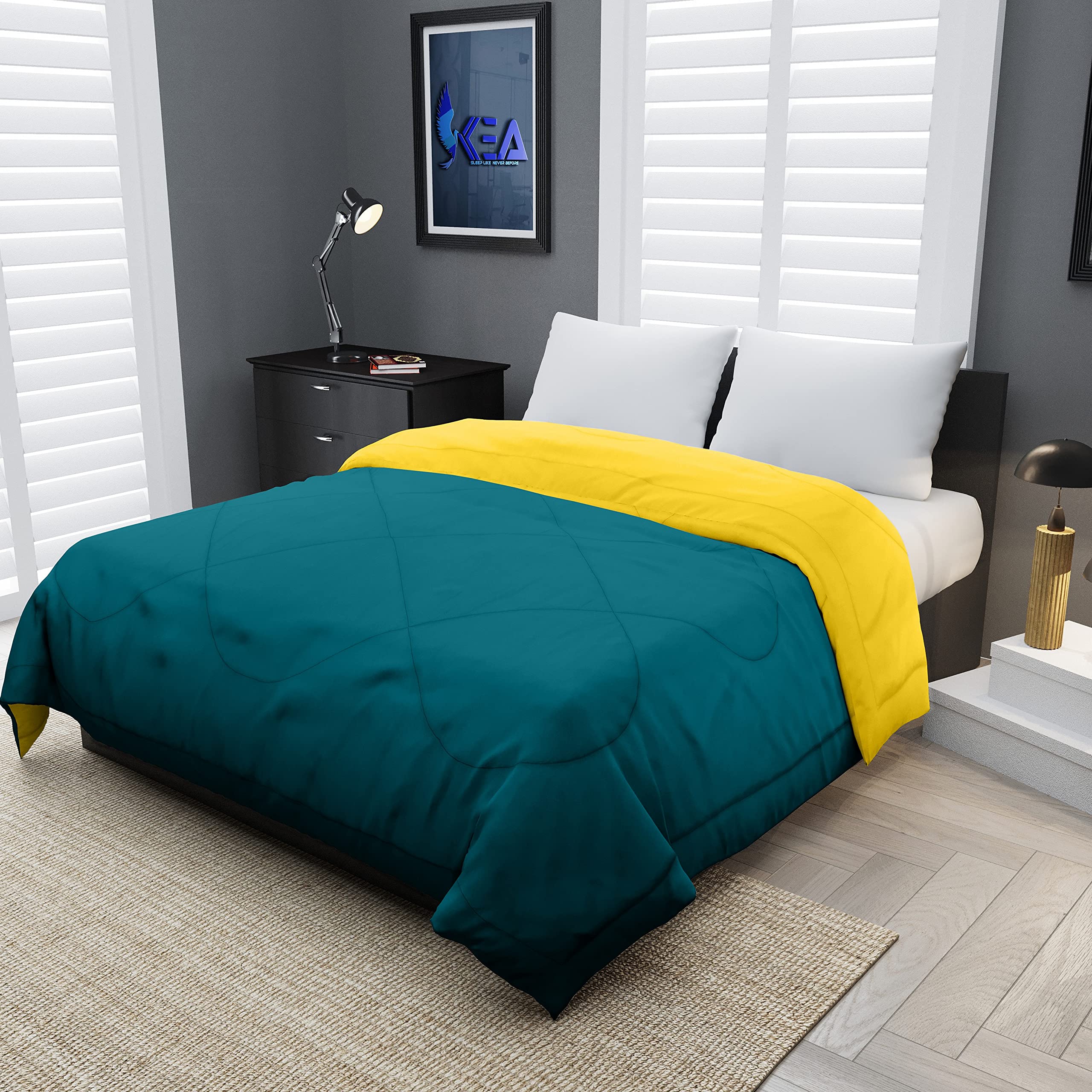 kea microfibre reversible single bed comforter/duvet for all weather(cyan & yellow, 250 gsm)|comforter single