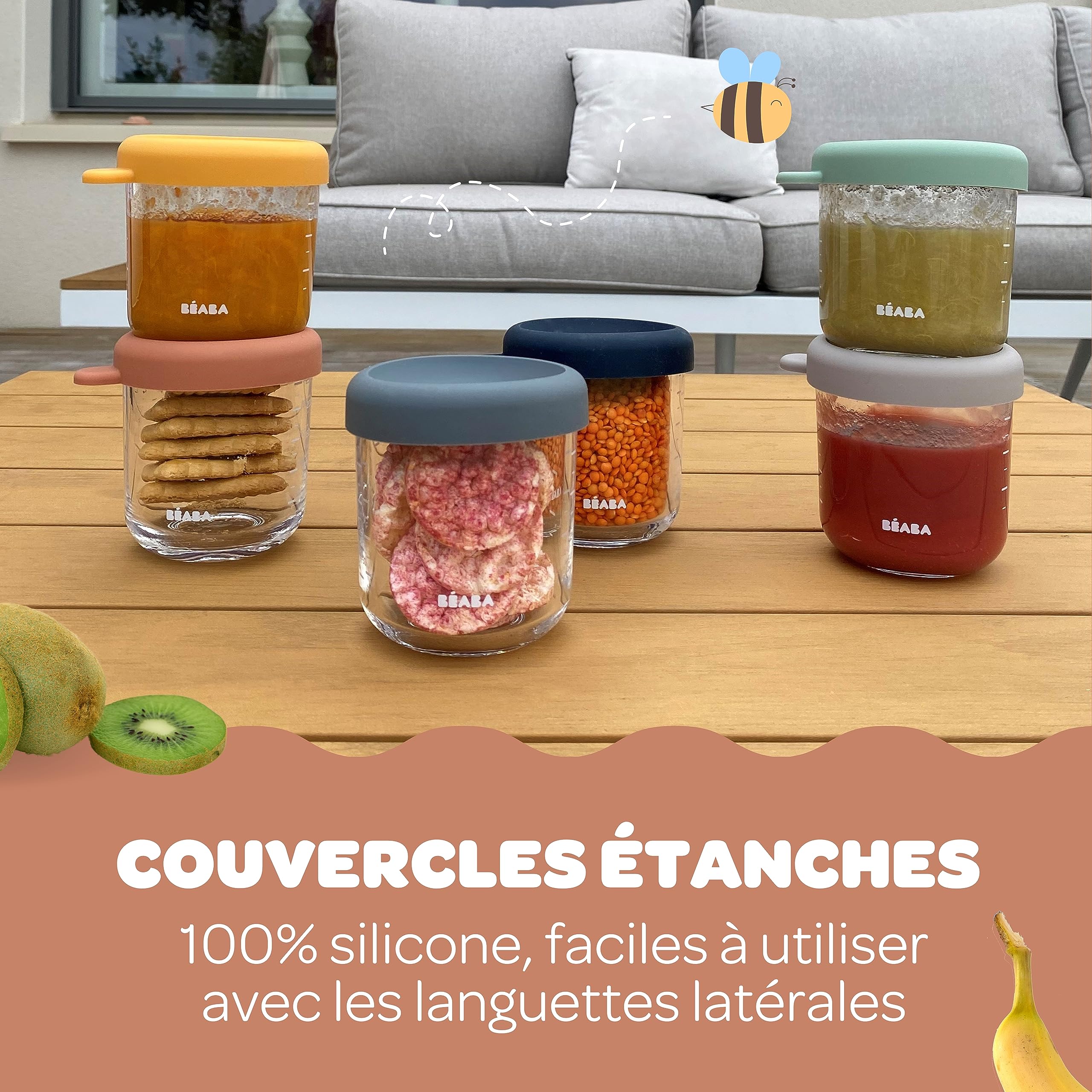 BÉABA, Coffret 6 Portions Verre Conservation Repas Bébé/Verre Extra Résistant, 100% Hermétique, Congélation, Stérilisation, Graduation, 250 ml, Sunrise