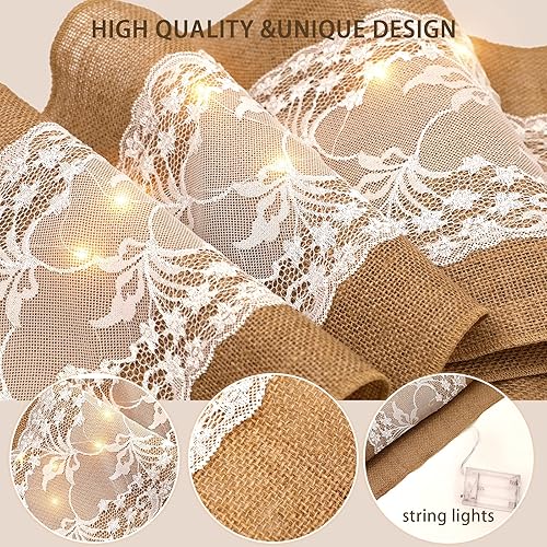 Miniatura 3 de Tiamon Camino de mesa de arpillera de 2 piezas con tira de luces LED de arpillera de encaje vintage, camino de mesa rústico para Acción de Gracias,