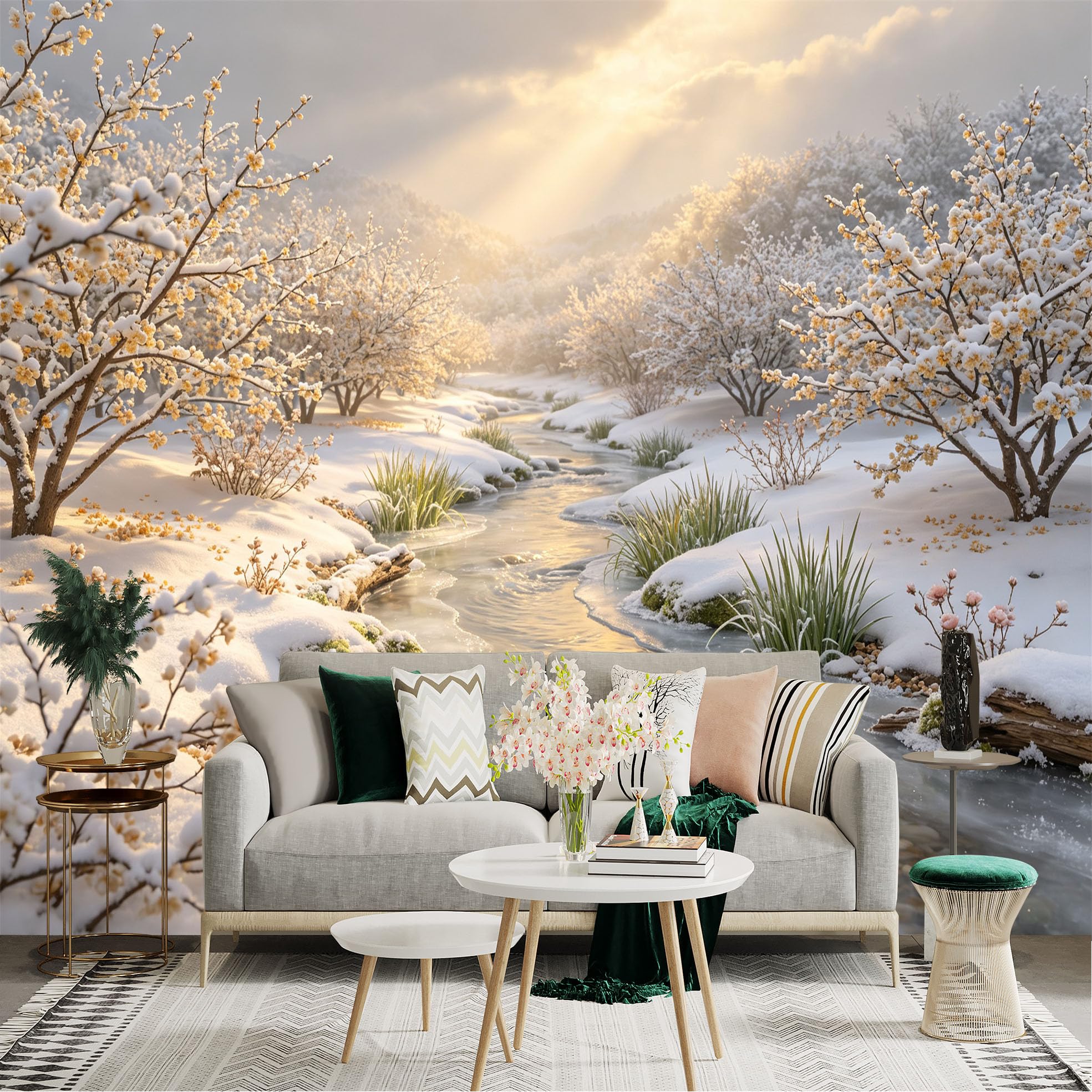 Lnzczhyre Bh260719187 Custom Size Wall Sticker Mural， Snowy Landscape With Frozen River， Blooming Winter Trees， Soft Sunlight Reflection， For Wall Decoration， Peelandstick Wall Decals.