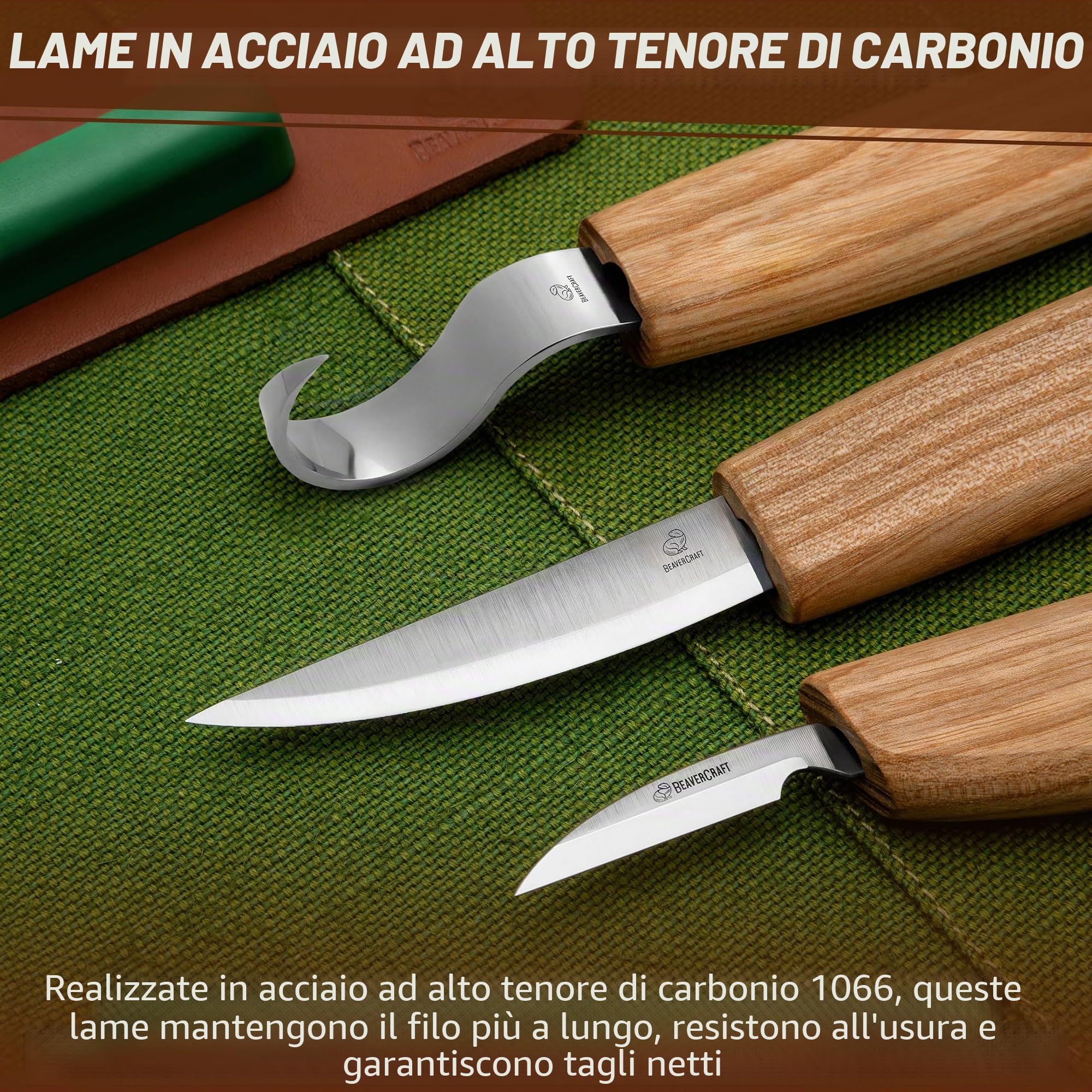 BeaverCraft S13L Set di utensili per intaglio del legno per intaglio di cucchiai Kit per intaglio del legno con 3 coltelli per principianti Uncino Sloyd Coltelli per intagliare cucchiai per mancini