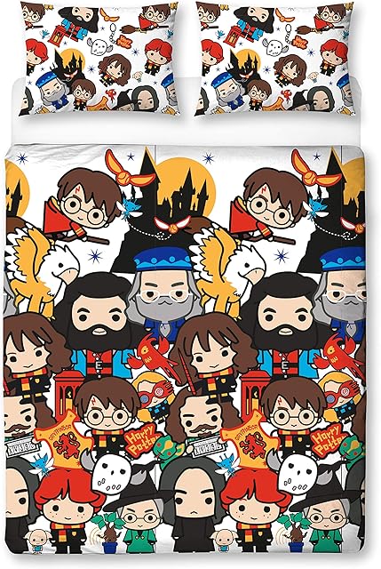Harry Potter Charm Design Double Reversible Two Sided Official Bedding Duvet Cover with Matching Pillow Case, Multi, Coloured, 200 x 200cm