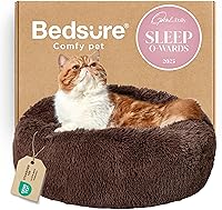 Vista 86 de Bedsure - Cama relajante para perro mediano, lavable, tipo dona, cama para gato, antideslizante, redonda, afelpada, mullida, de piel sintética