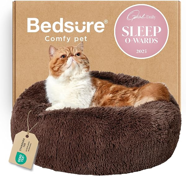 Bedsure Calming Cat Beds Donut Round Washable Kitten Bed,20 Inches Coffee
