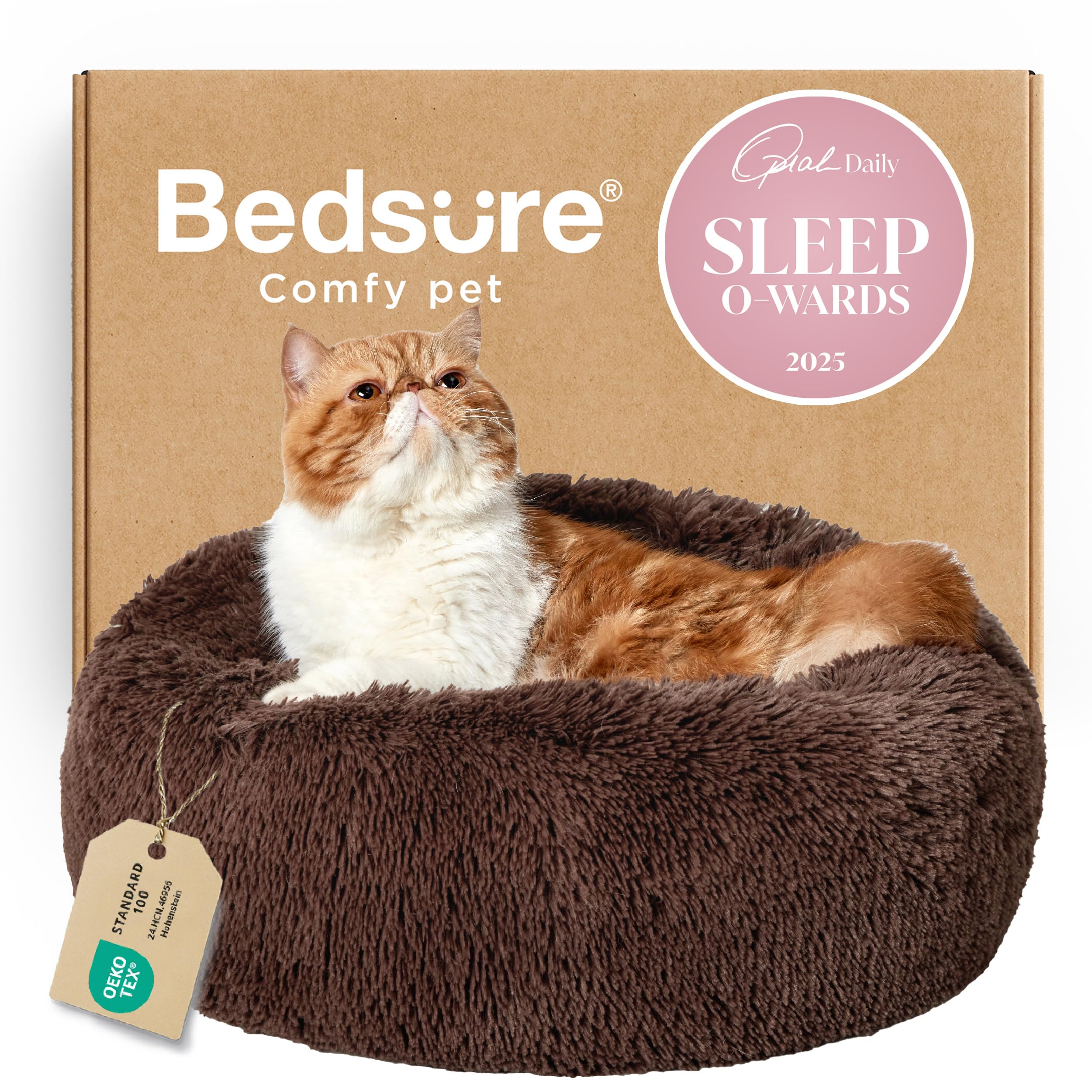 Bedsure Calming Cat Beds Donut Round Washable Kitten Bed,20 inches Coffee