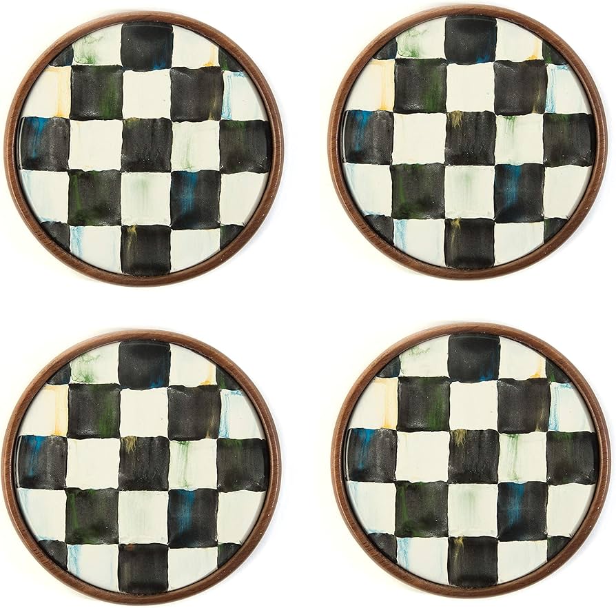 MacKenzie-Childs Courtly Check Round Cork-Back Coasters, Table Coasters for Drinks, Set of 4