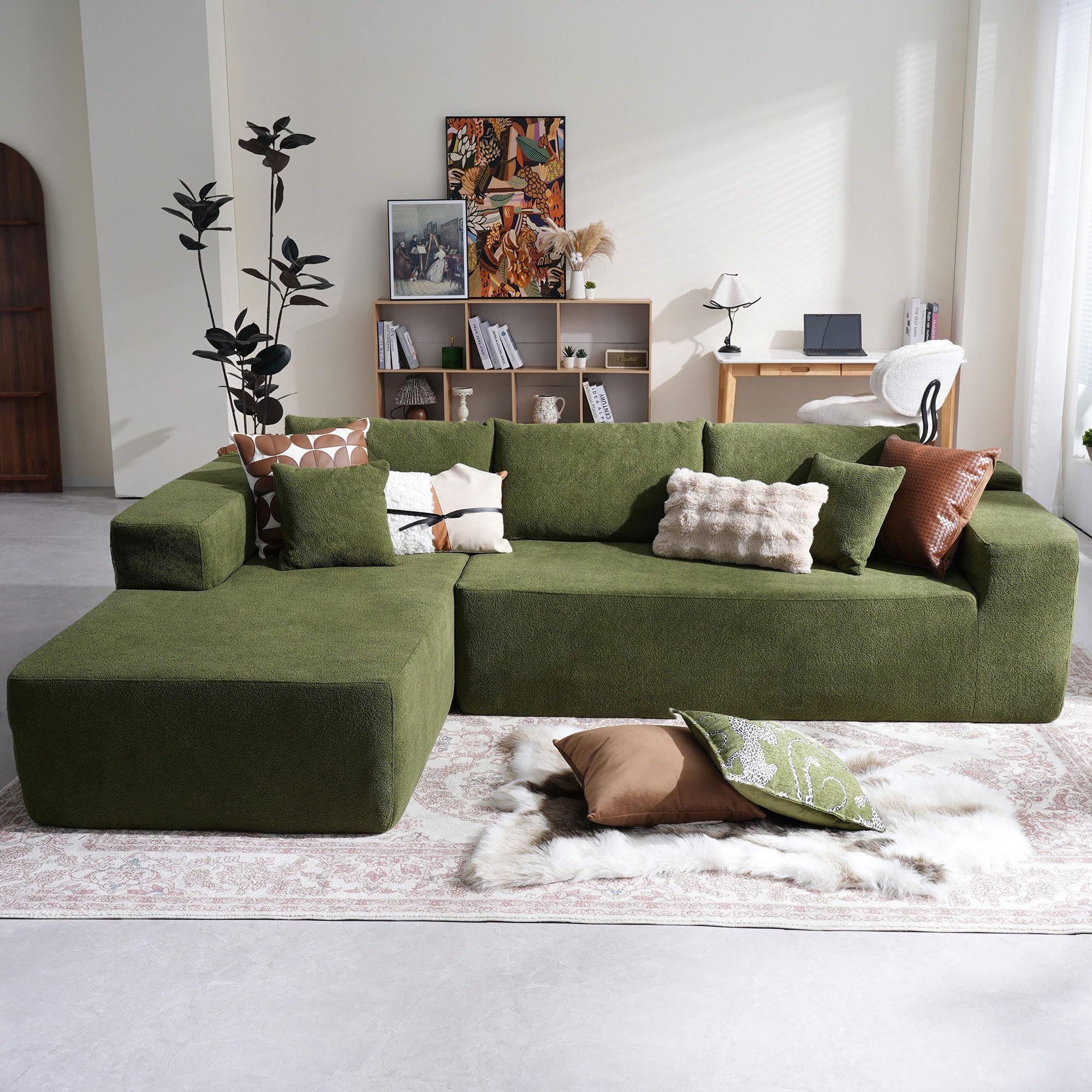 CAODOC 104" Cloud Sectional Couch with Comfy Chaise, Boneless L Shape Sofa with Deep Seat, Minimalist Modular Couches Sleeper for Living Room Bedroom Apartment Lounge,Green