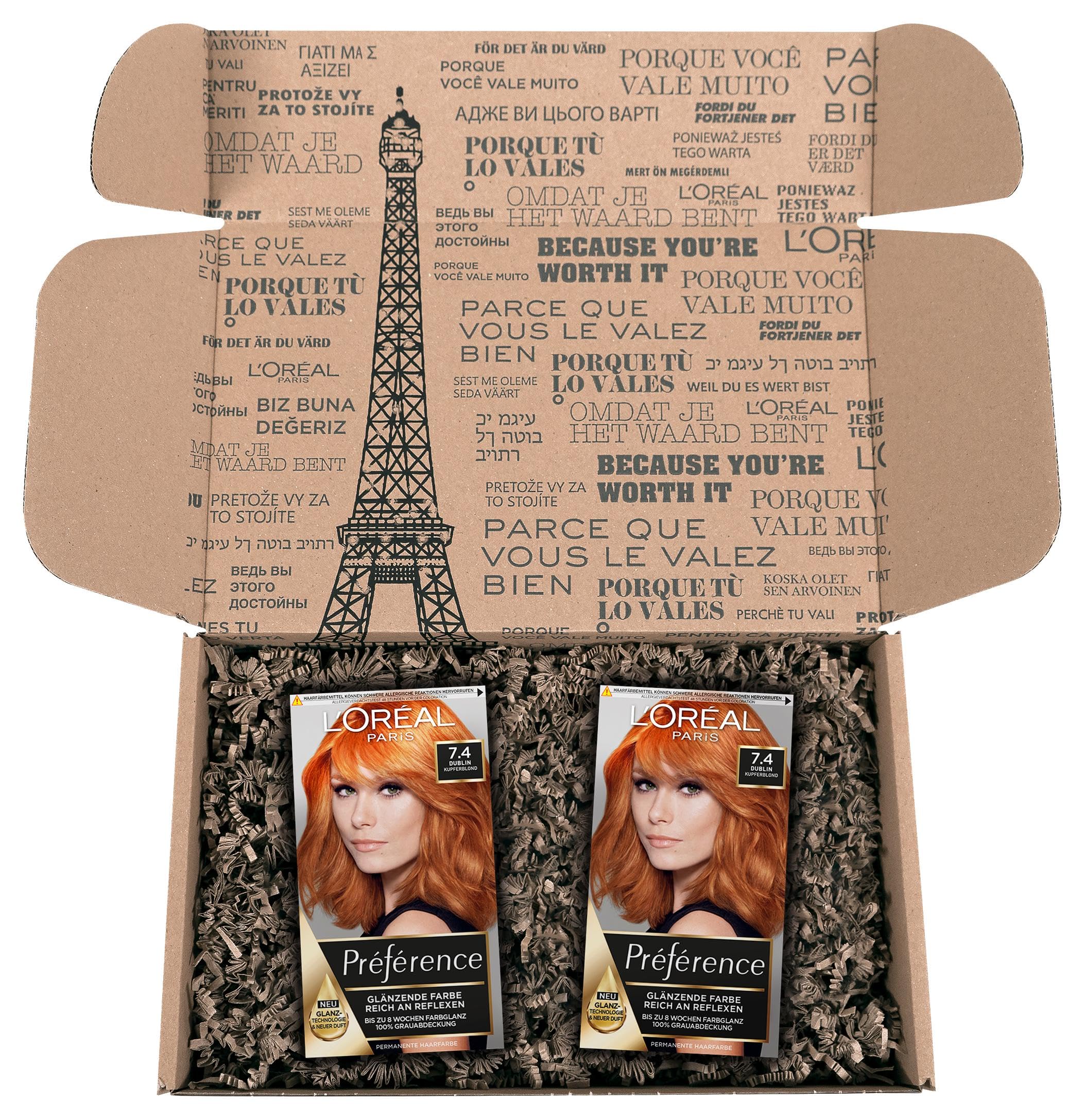 L'Oréal Paris Permanente Haarfarbe, Haarfärbeset mit Coloration und Farbglanz-Pflegebalsam, Préférence, 7.4 Kupferblond (Dublin), [Amazon Exclusive], 2er Set