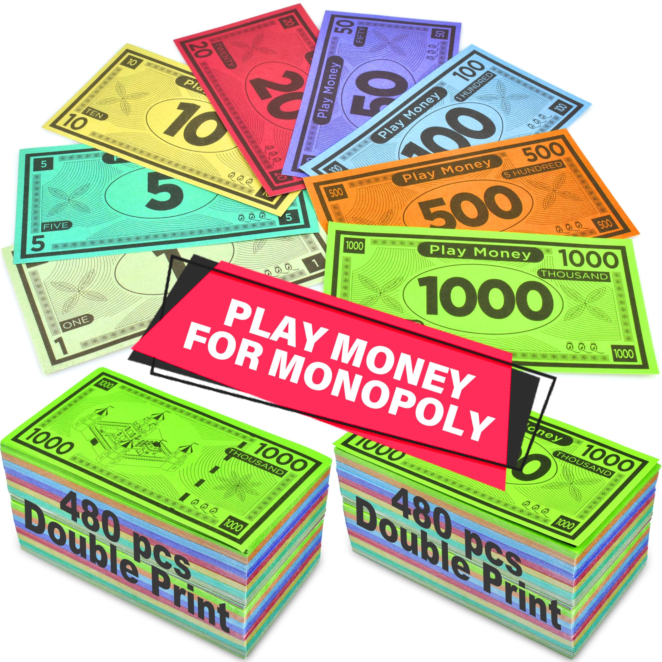 Queensell Play Money Suitable for Monopoly Board Game – 480 pcs of 60 Each Bill Denomination – Double Sides Printing Paper Money for Pretend Play Cashier, Monopoly Money Refill Packs - 480 pcs
