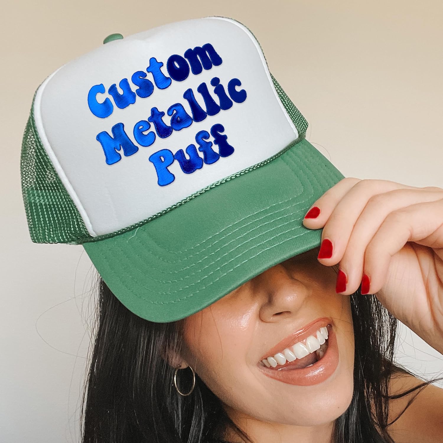 Personalized Metallic Foam Trucker Hat Custom Metallic Puff Print Trucker Hat - Image 5