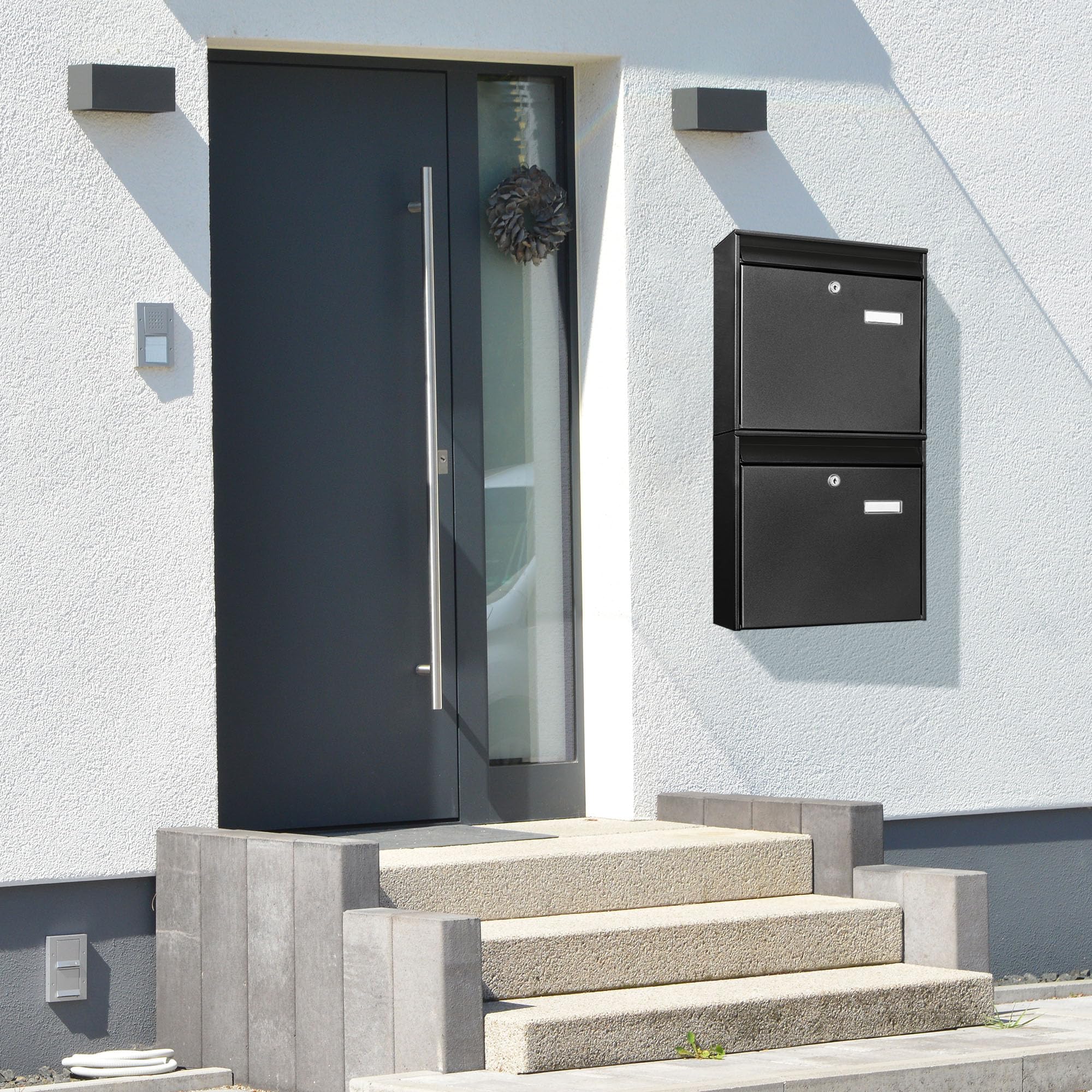 banjado Burg-Wächter Briefkastenanlage - Briefkasten 2 Parteien Schwarz - Doppelbriefkasten - Postkasten Mehrfamilienhaus - Briefkasten XXL mit Namensschild - Briefkästen