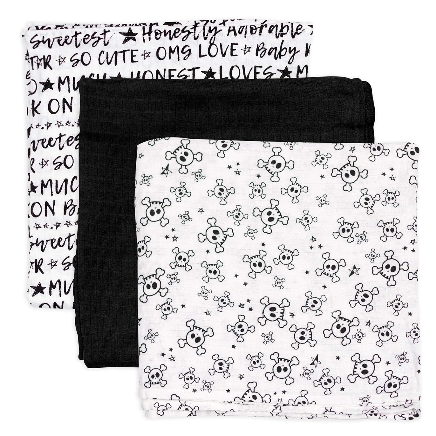 HonestBaby 3-Pack Organic Cotton Swaddle Blankets, Tossed Skulls, One Size