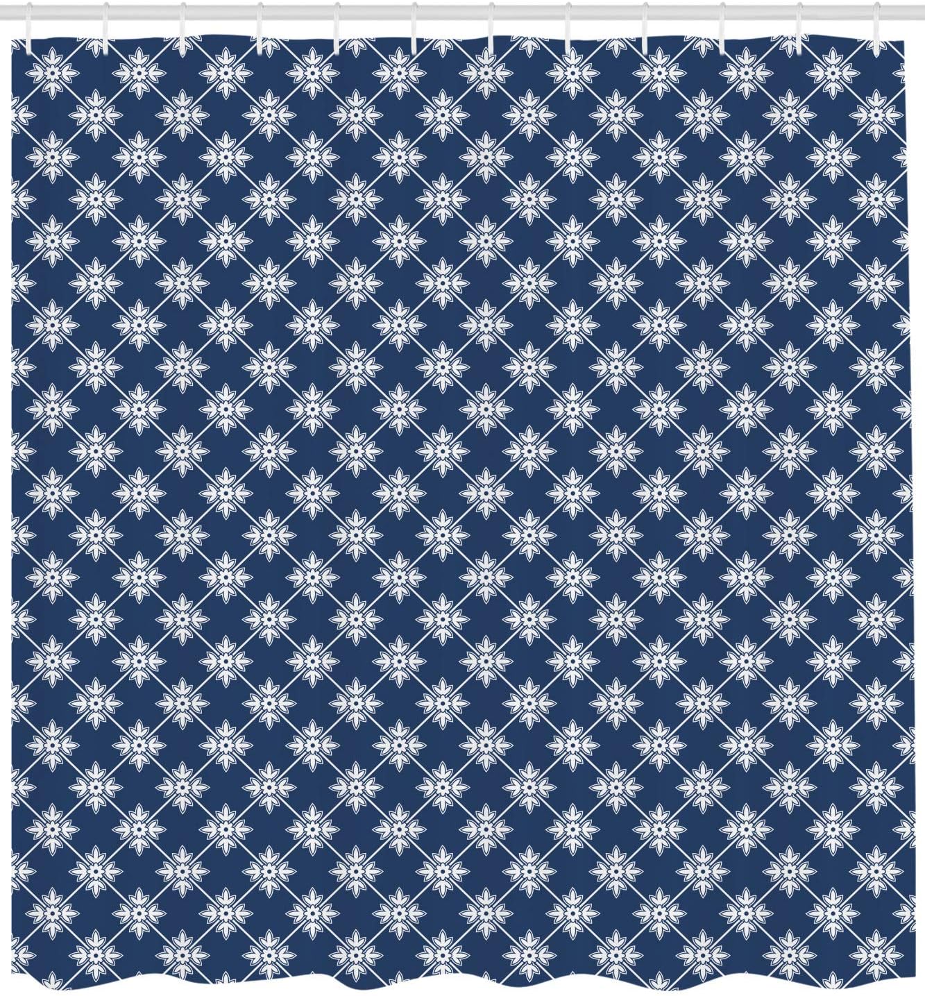 Ambesonne Indigo Shower Curtain, Greek House Tile Inspired Design with Floral Flower Leaf Details, Cloth Fabric Bathroom Decor Set with Hooks, 69" W x 75" L, Navy Blue and White