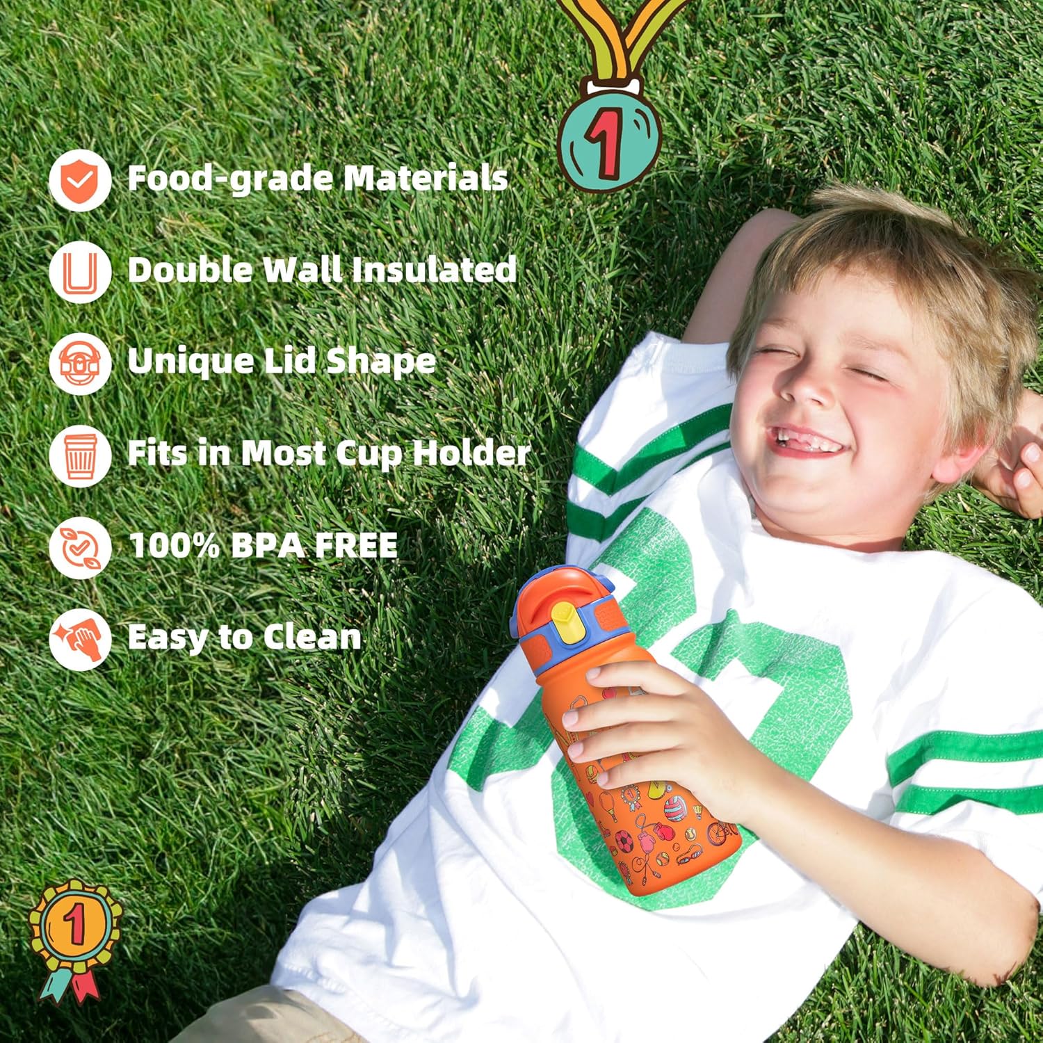 OLDLEY Kids Water Bottle 12oz Insulated Water bottle, Double Wall Stainless Steel Vacuum Bottle, Leak-Proof Sport Bottles for School Boys Girls,Orange Sport - Image 6