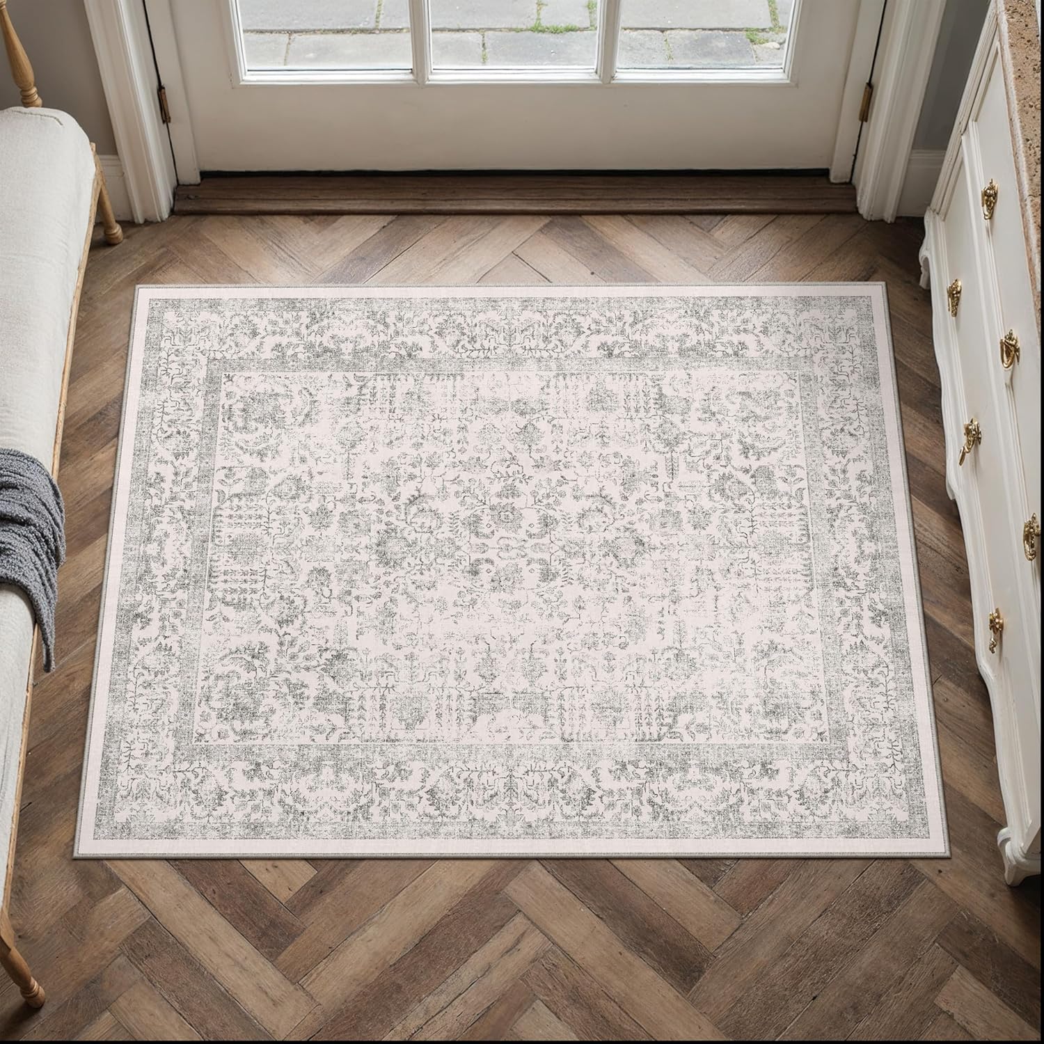 PureCozy Gray Entryway Area Rug 2x3 Door Mat Machine Washable Kitchen Vintage Distressed Non Slip Carpet Indoor Grey Retro Floral Accent Throw Small Rug for Bathroom Office Bedroom Dining Living Room